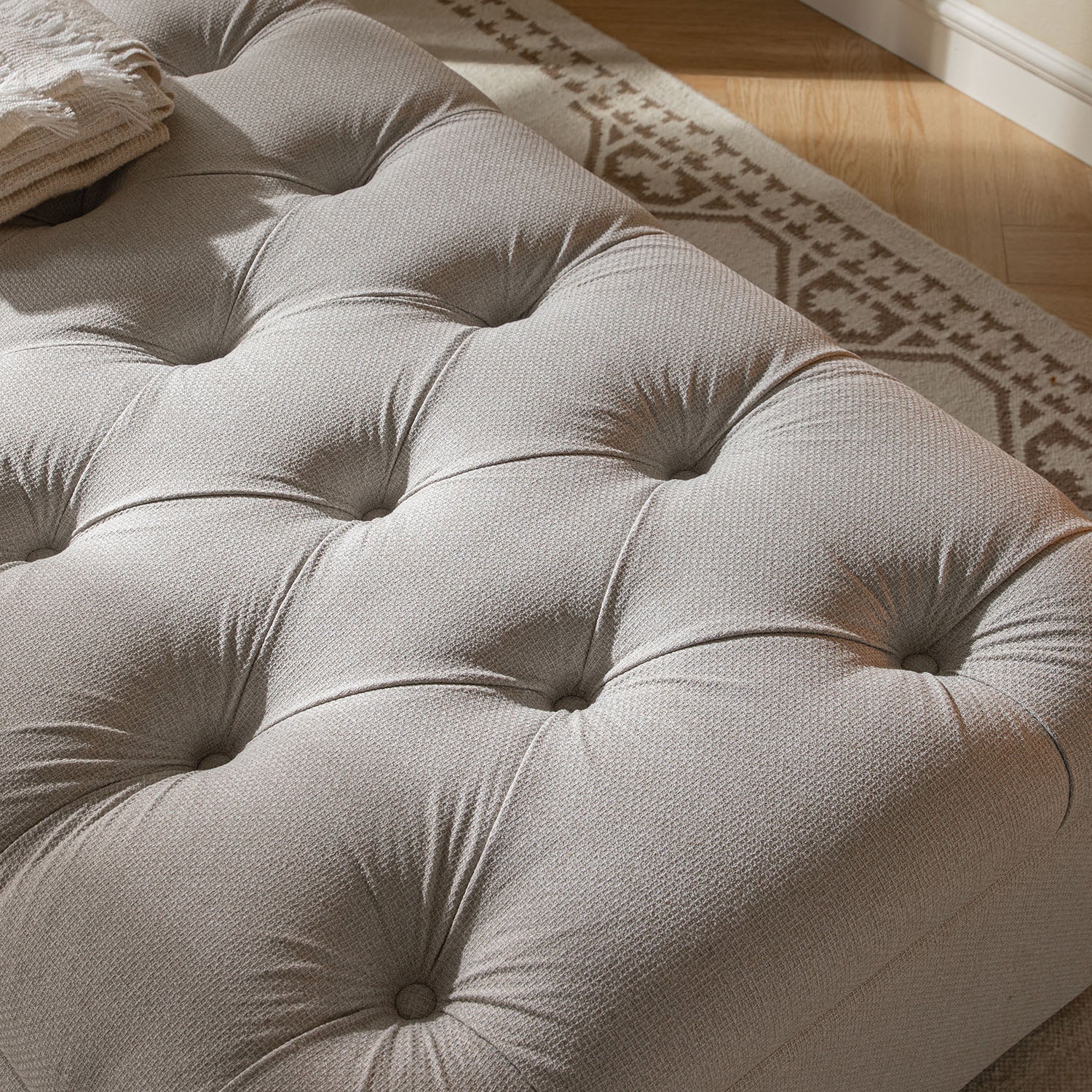 Portland Small Double Buttoned Fold-Out Bed in Ottoman, Beige Woven Fabric - Image 7