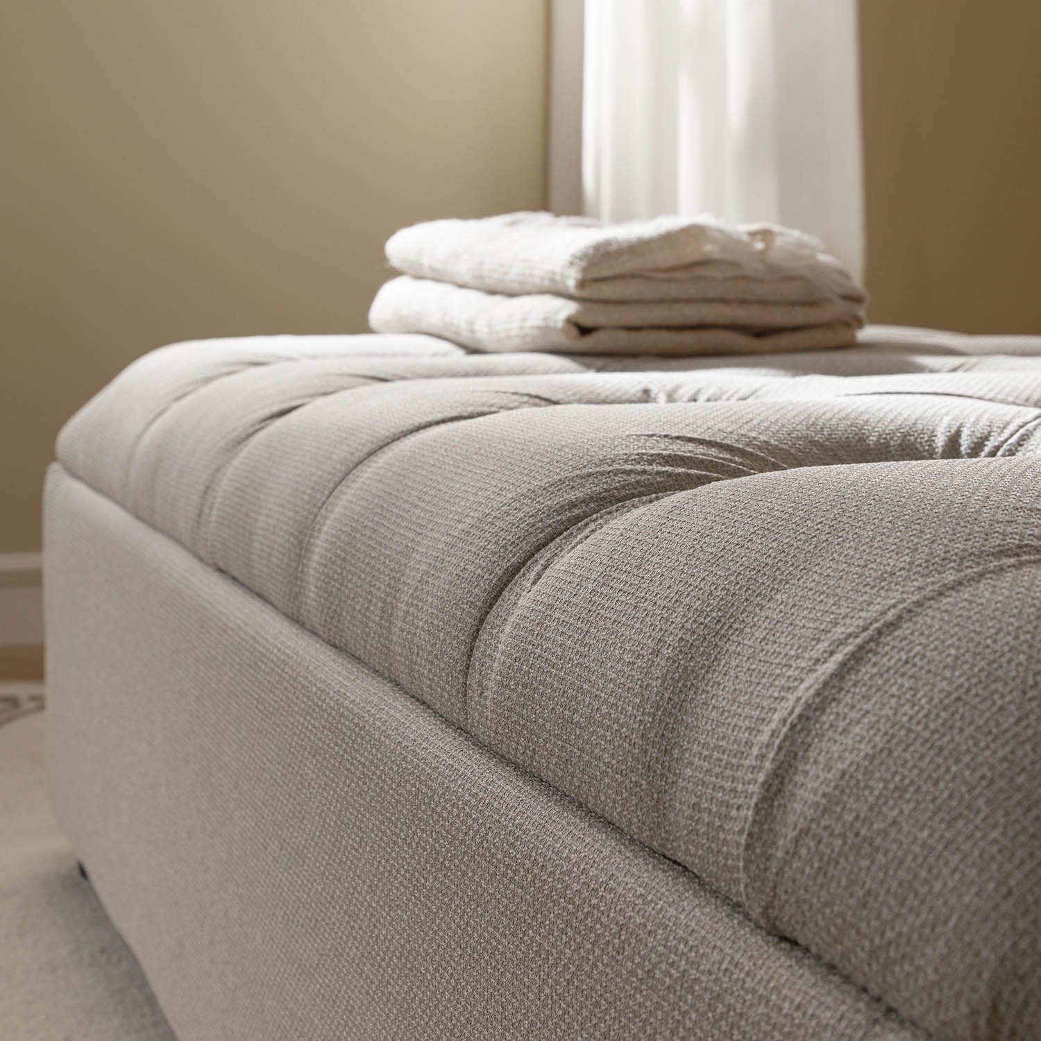 Portland Small Double Buttoned Fold-Out Bed in Ottoman, Beige Woven Fabric - Image 8