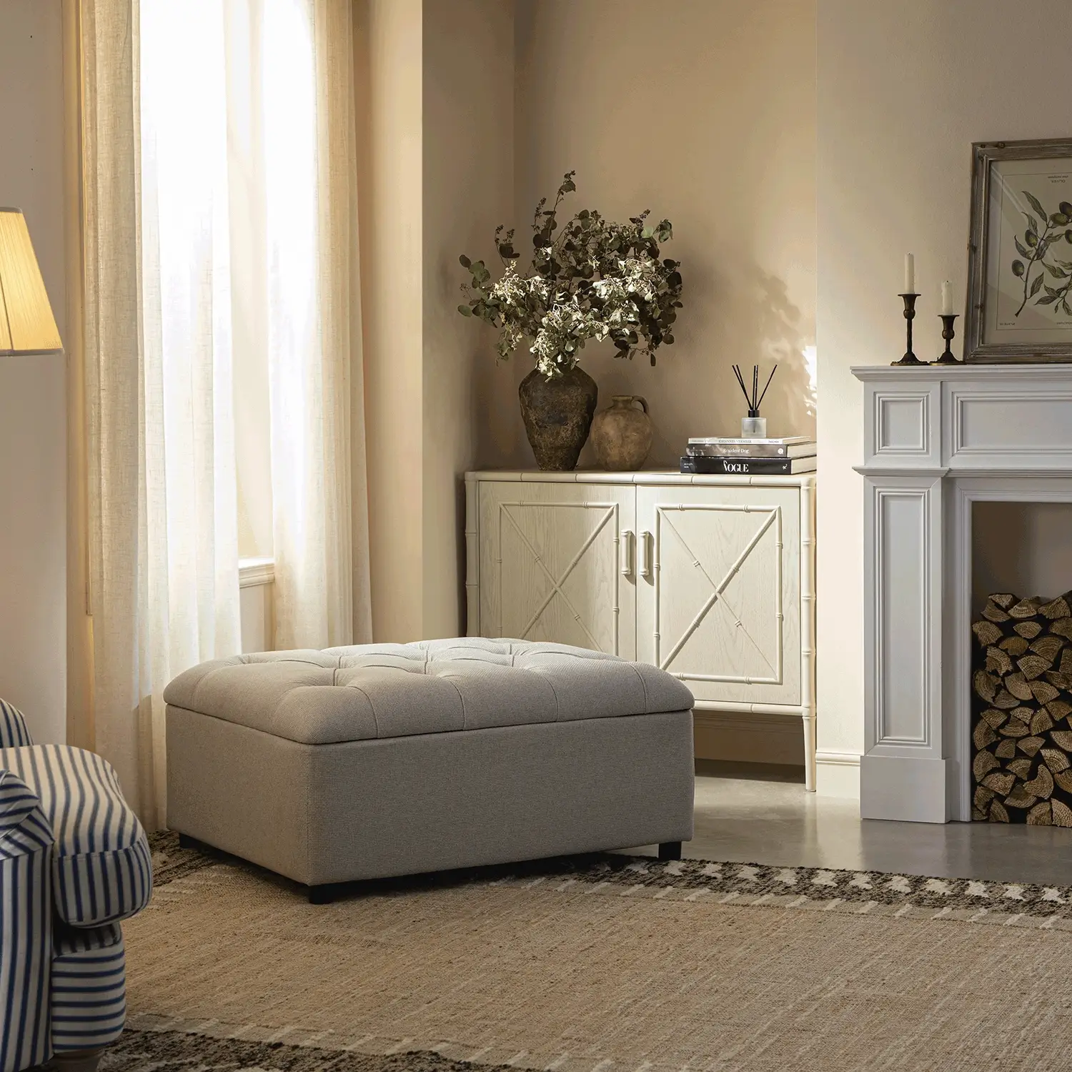 Portland Single Buttoned Fold-Out Bed in Ottoman, Beige Woven Fabric - Image 2
