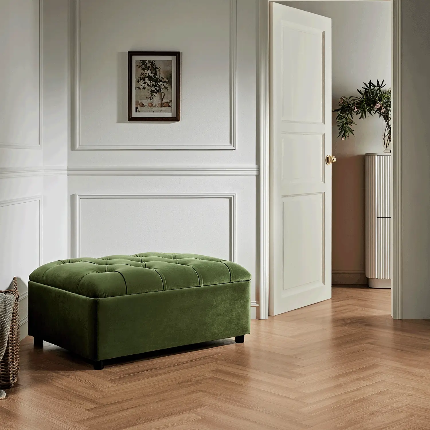 Portland Single Buttoned Fold-Out Bed in Ottoman, Moss Green Velvet - Image 3