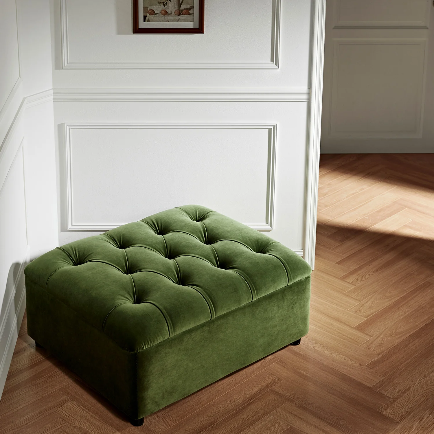 Portland Single Buttoned Fold-Out Bed in Ottoman, Moss Green Velvet - Image 4