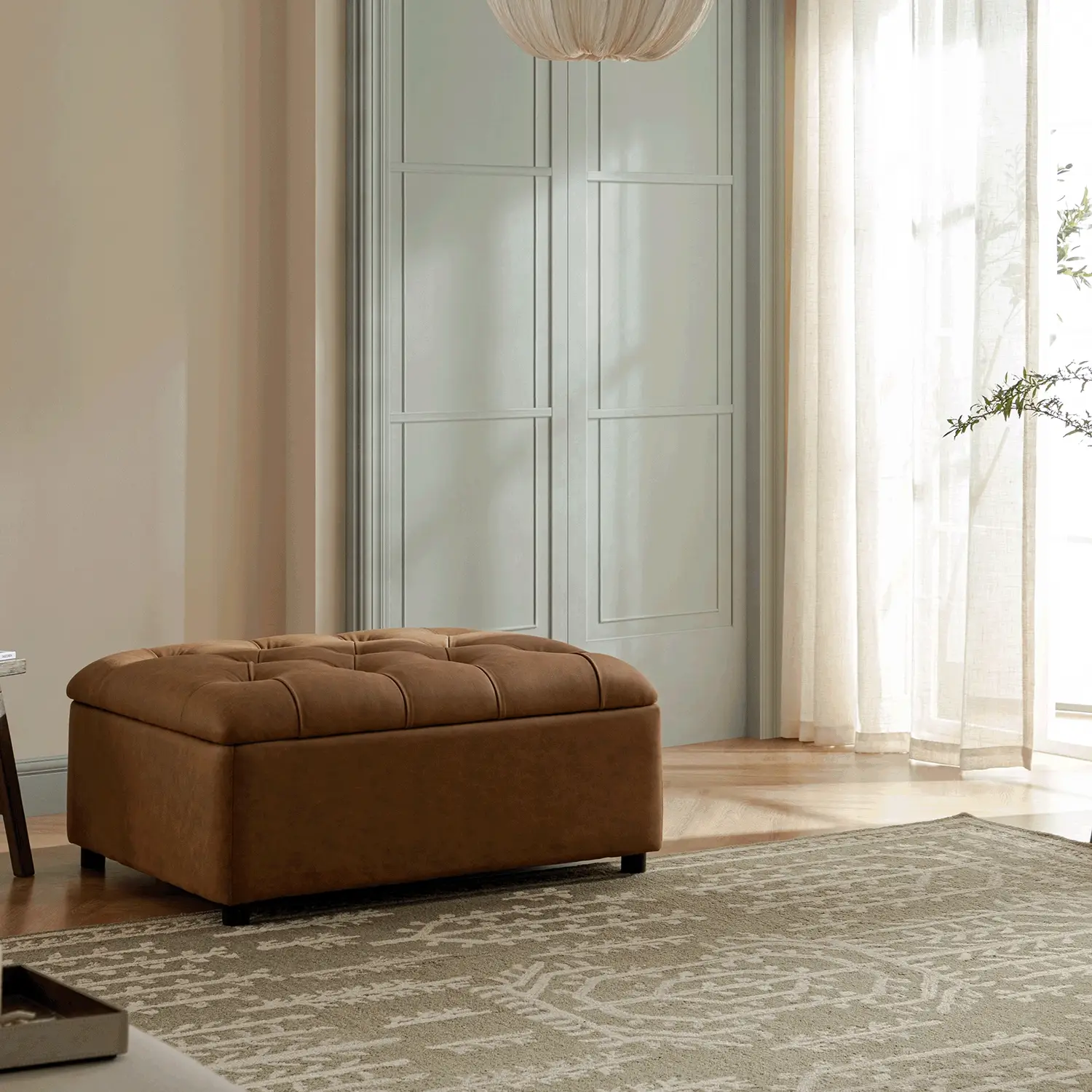 Portland Single Buttoned Fold-Out Bed in Ottoman, Tan Faux Suede - Image 2
