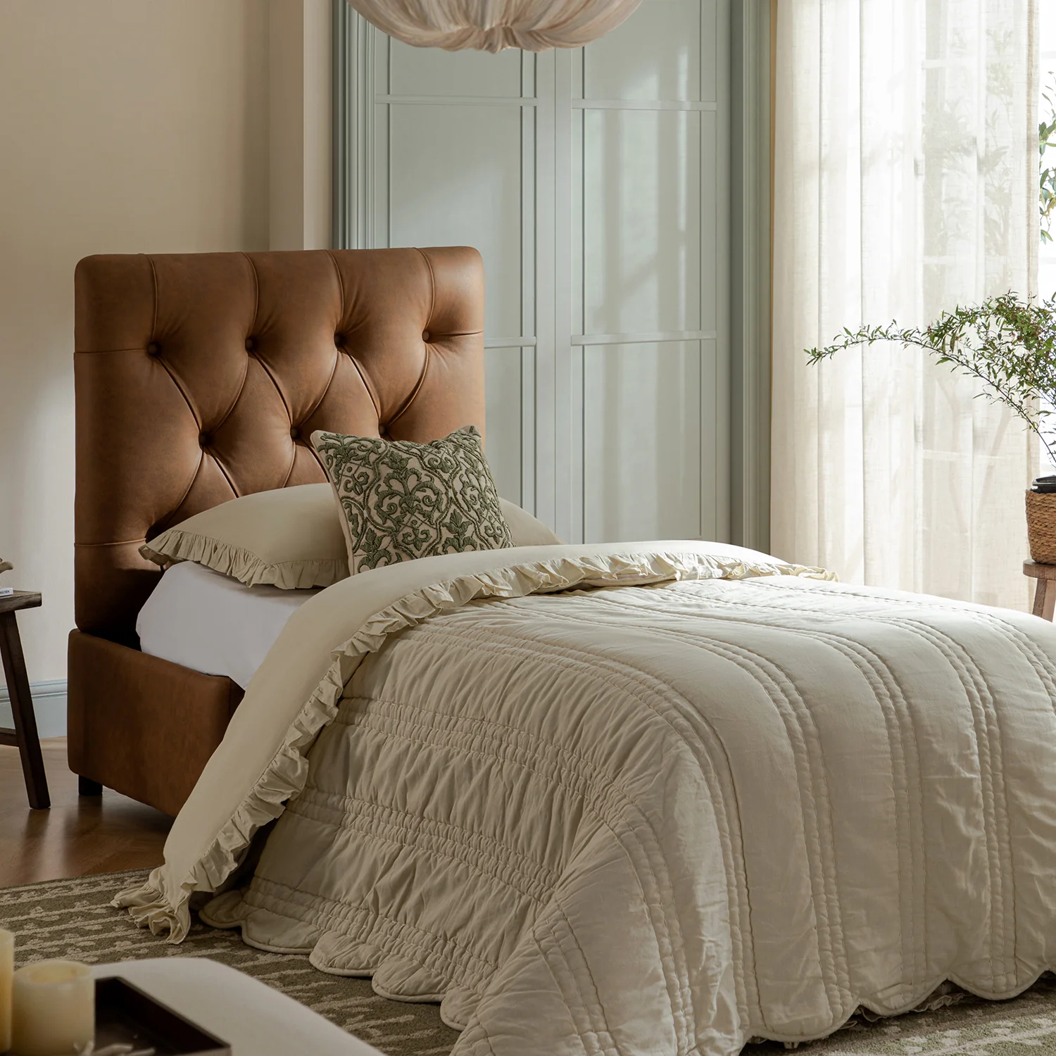 Portland Single Buttoned Fold-Out Bed in Ottoman, Tan Faux Suede - Image 3