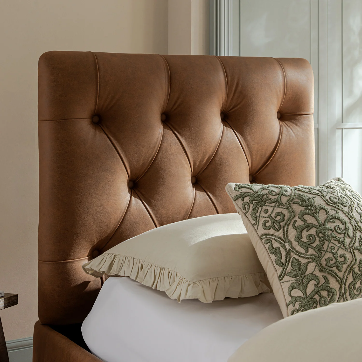 Portland Single Buttoned Fold-Out Bed in Ottoman, Tan Faux Suede - Image 7