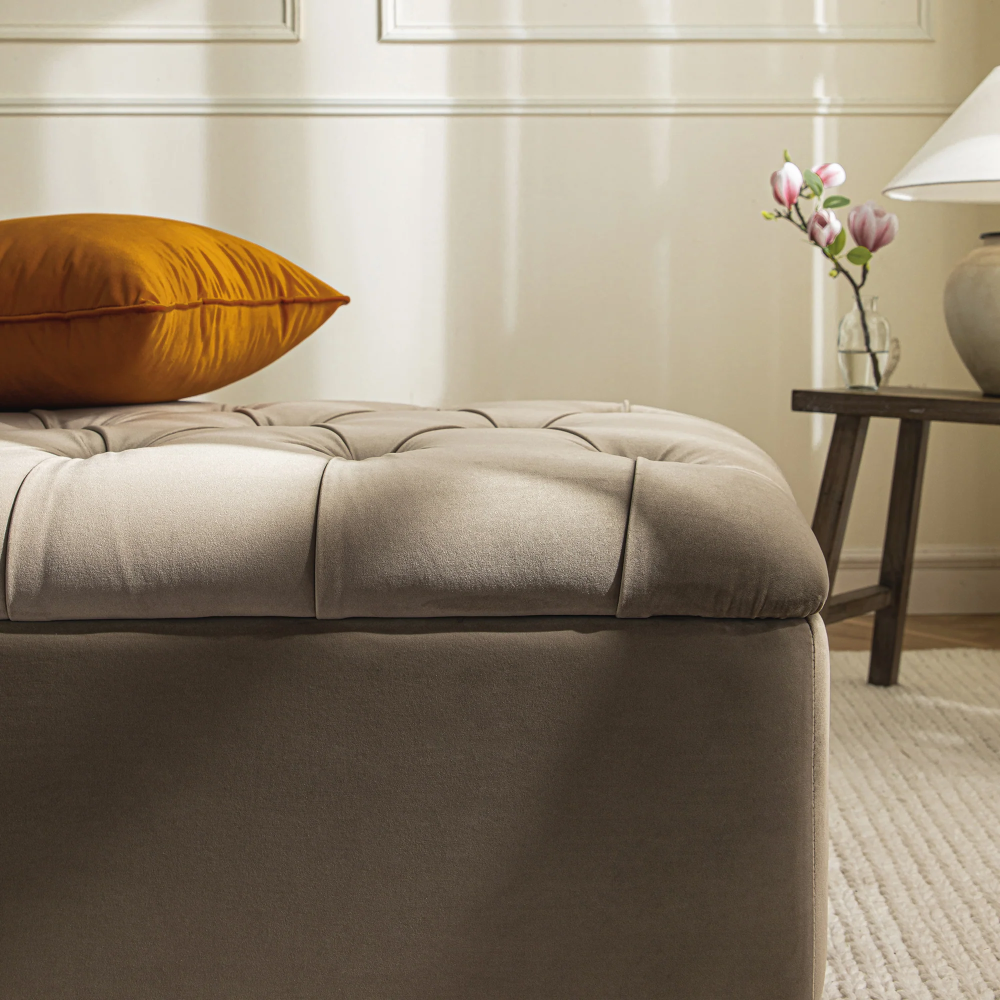 Portland Small Double Buttoned Fold-Out Bed in Ottoman, Mink Velvet - Image 8