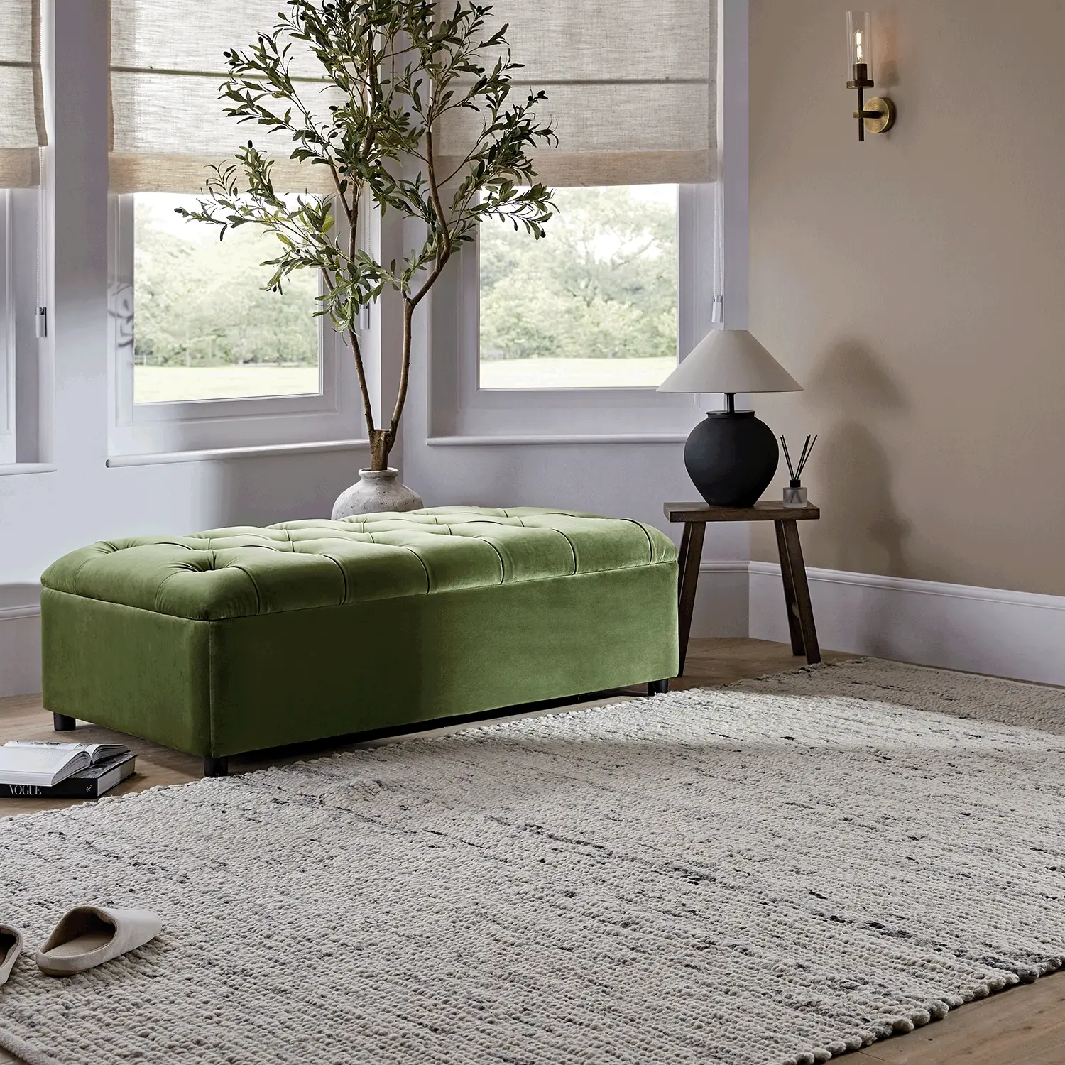 Portland Small Double Buttoned Fold-Out Bed in Ottoman, Moss Green Velvet - Image 3
