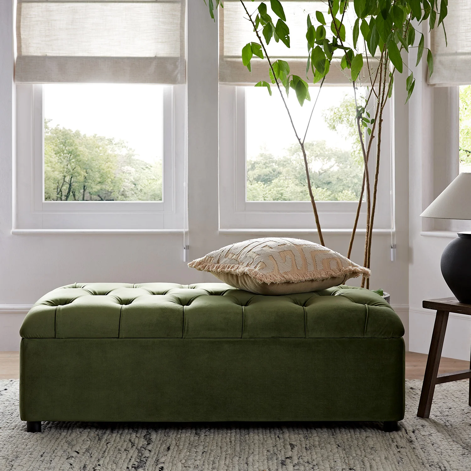 Portland Small Double Buttoned Fold-Out Bed in Ottoman, Moss Green Velvet - Image 4