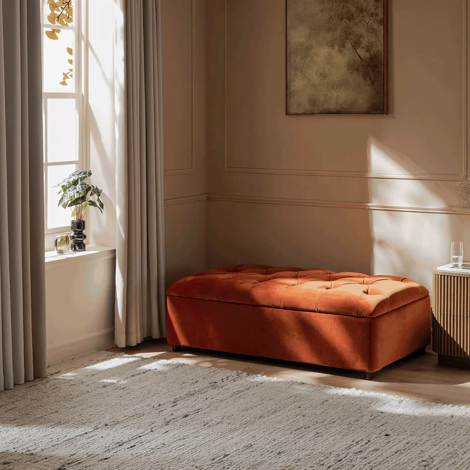 Portland Small Double Buttoned Fold-Out Bed in Ottoman, Rust Velvet - Image 3