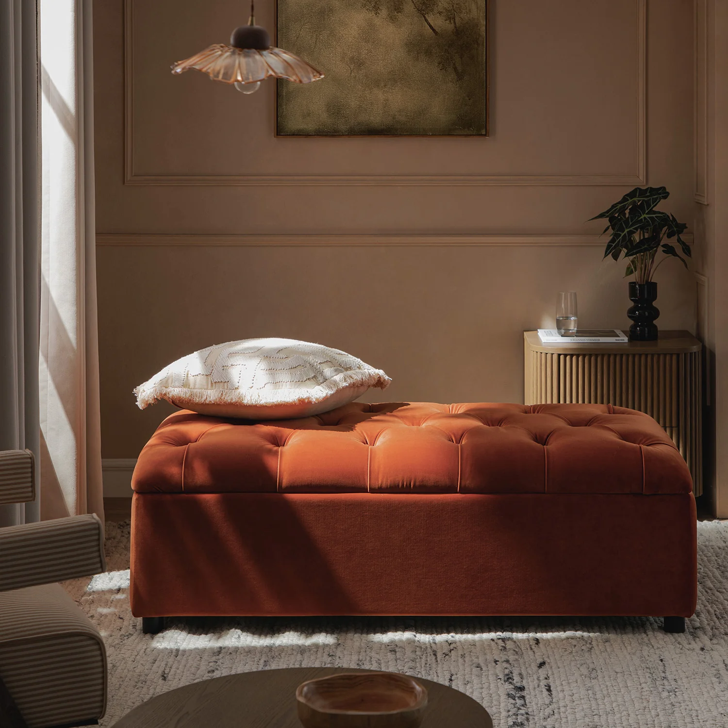 Portland Small Double Buttoned Fold-Out Bed in Ottoman, Rust Velvet - Image 4