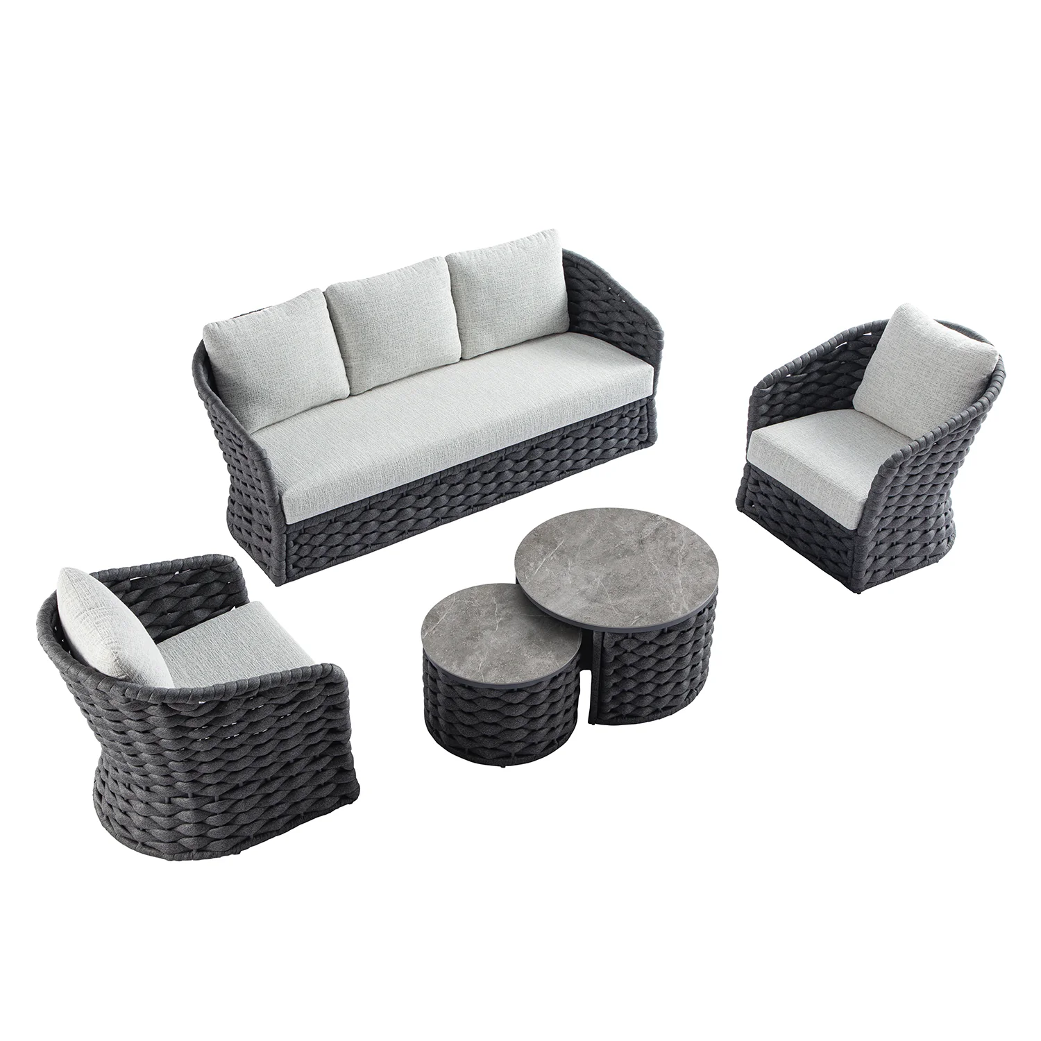 Positano Wide Rope Sofa Set with Nesting Coffee Tables, Grey - Image 5