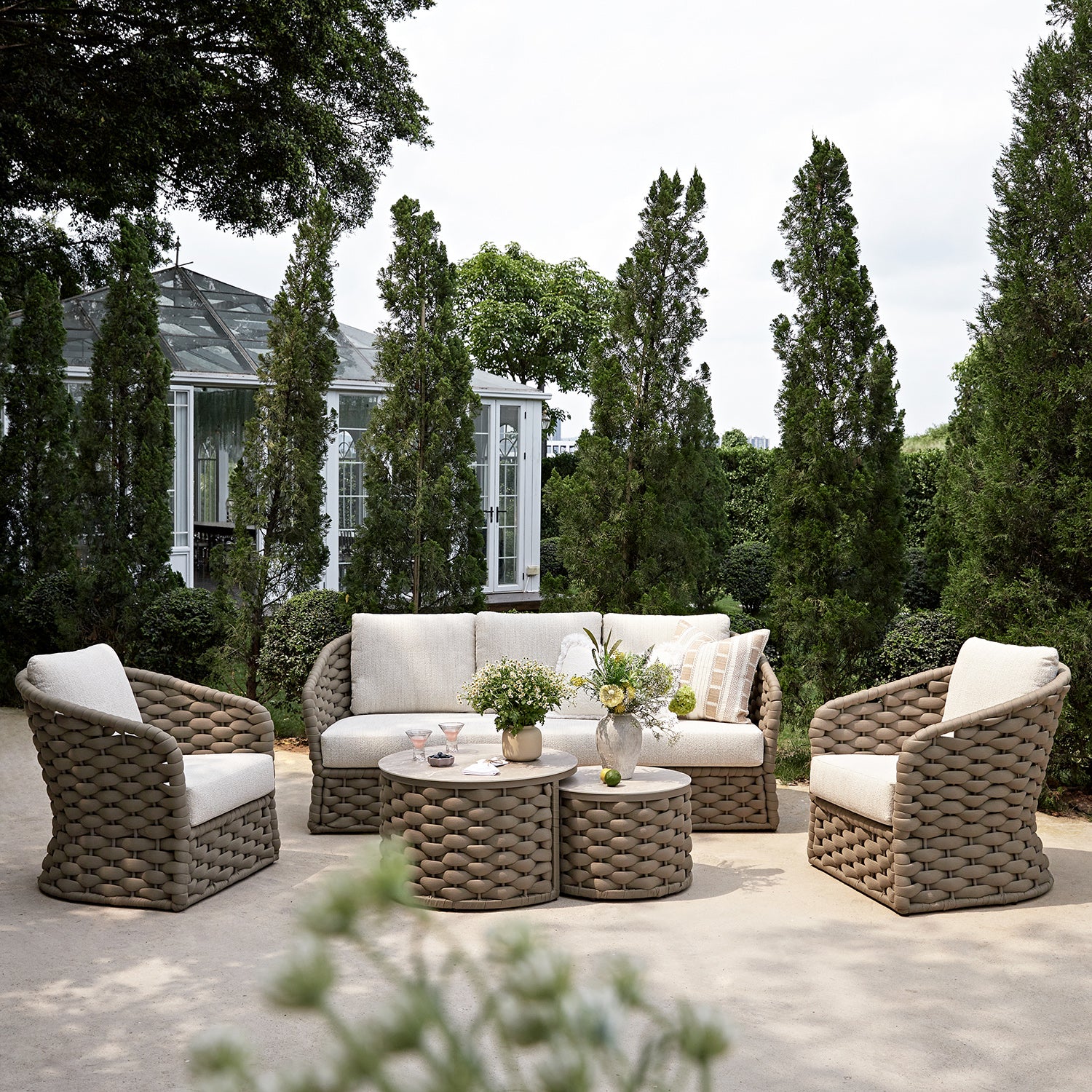 Positano Wide Rope Sofa Set with Nesting Coffee Tables, Taupe - Image 3