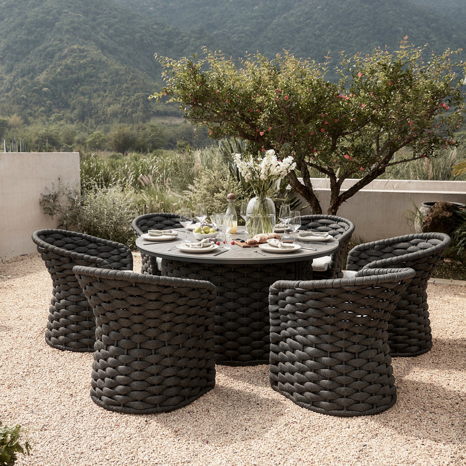 Positano Wide Rope 6-Seater Round Dining Set, Grey - Image 2