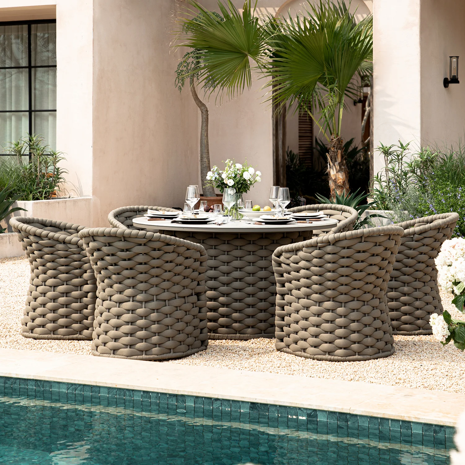 Positano Wide Rope 6-Seater Round Dining Set, Taupe - Image 2