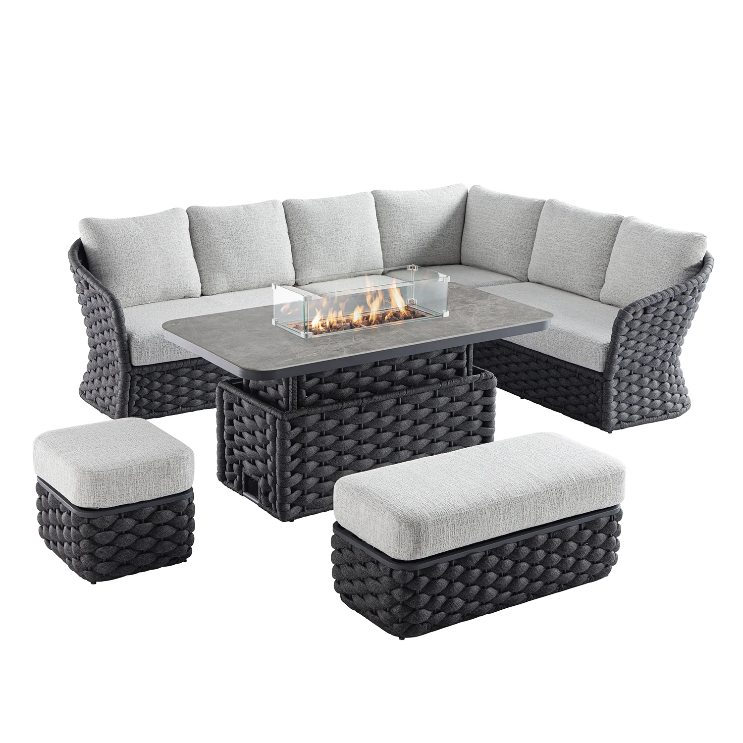 Positano Wide Rope Large Corner Casual Dining Set | Firepit Table, Grey - Image 2
