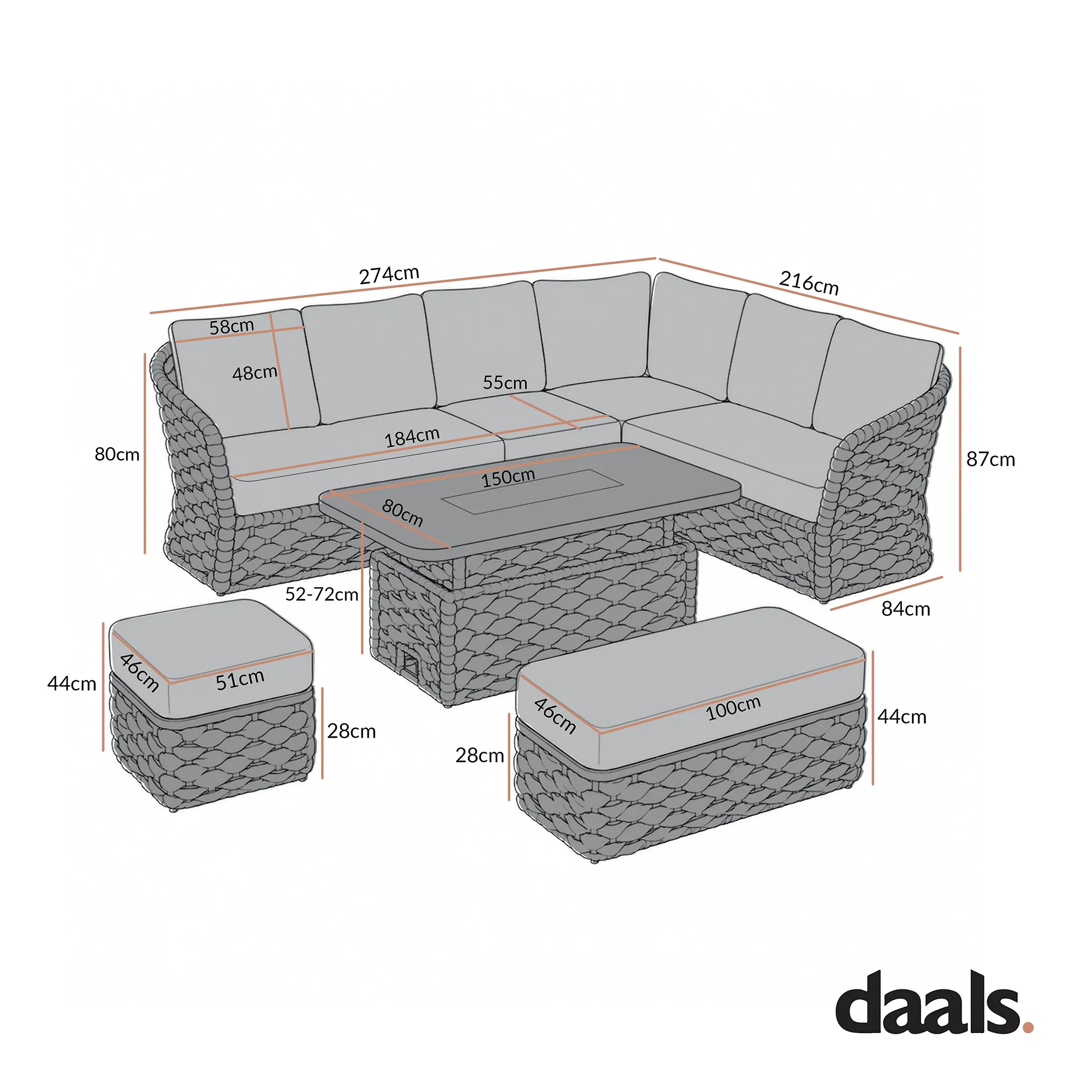 Positano Wide Rope Large Corner Casual Dining Set | Firepit Table, Grey - Image 3