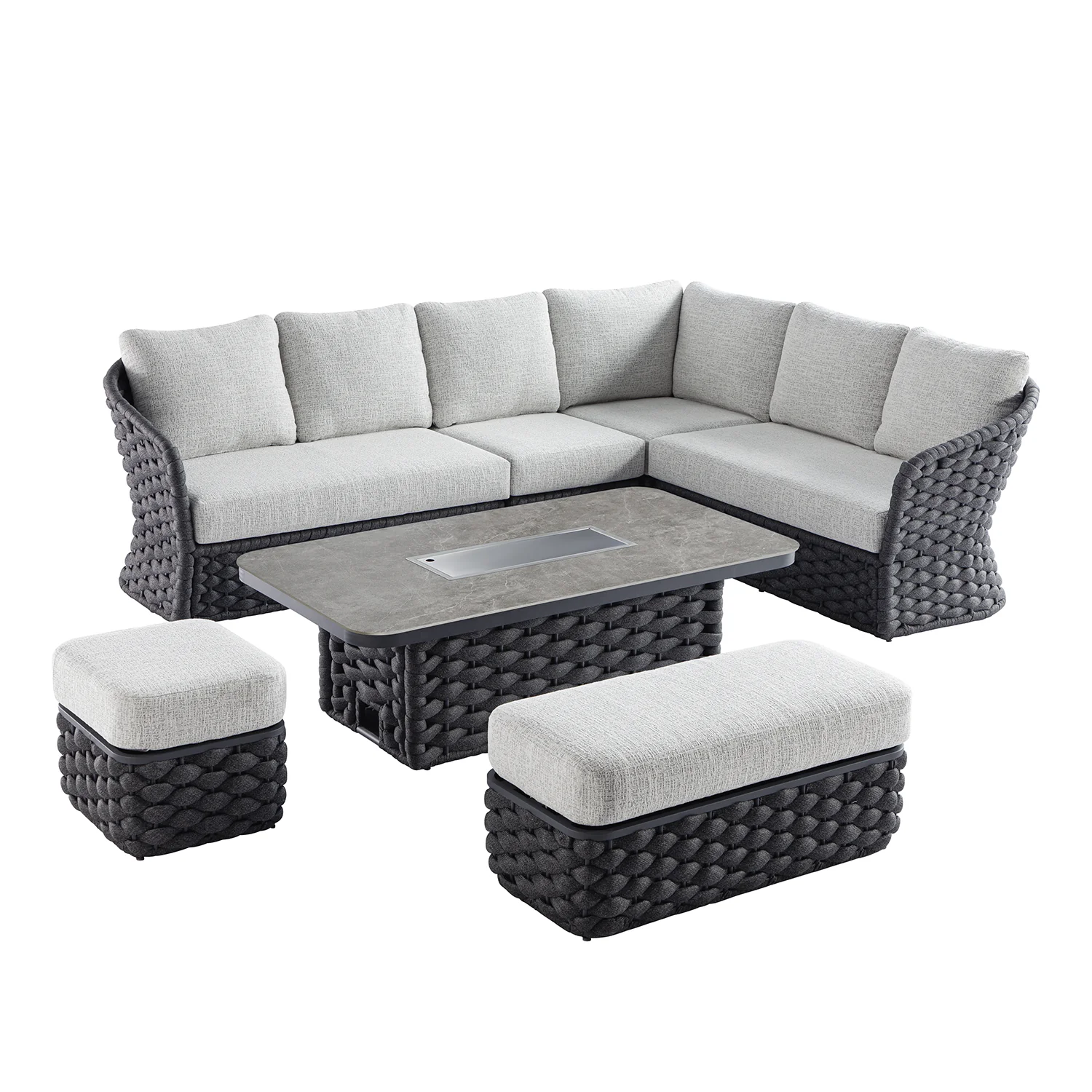 Positano Wide Rope Large Corner Casual Dining Set | Firepit Table, Grey - Image 9