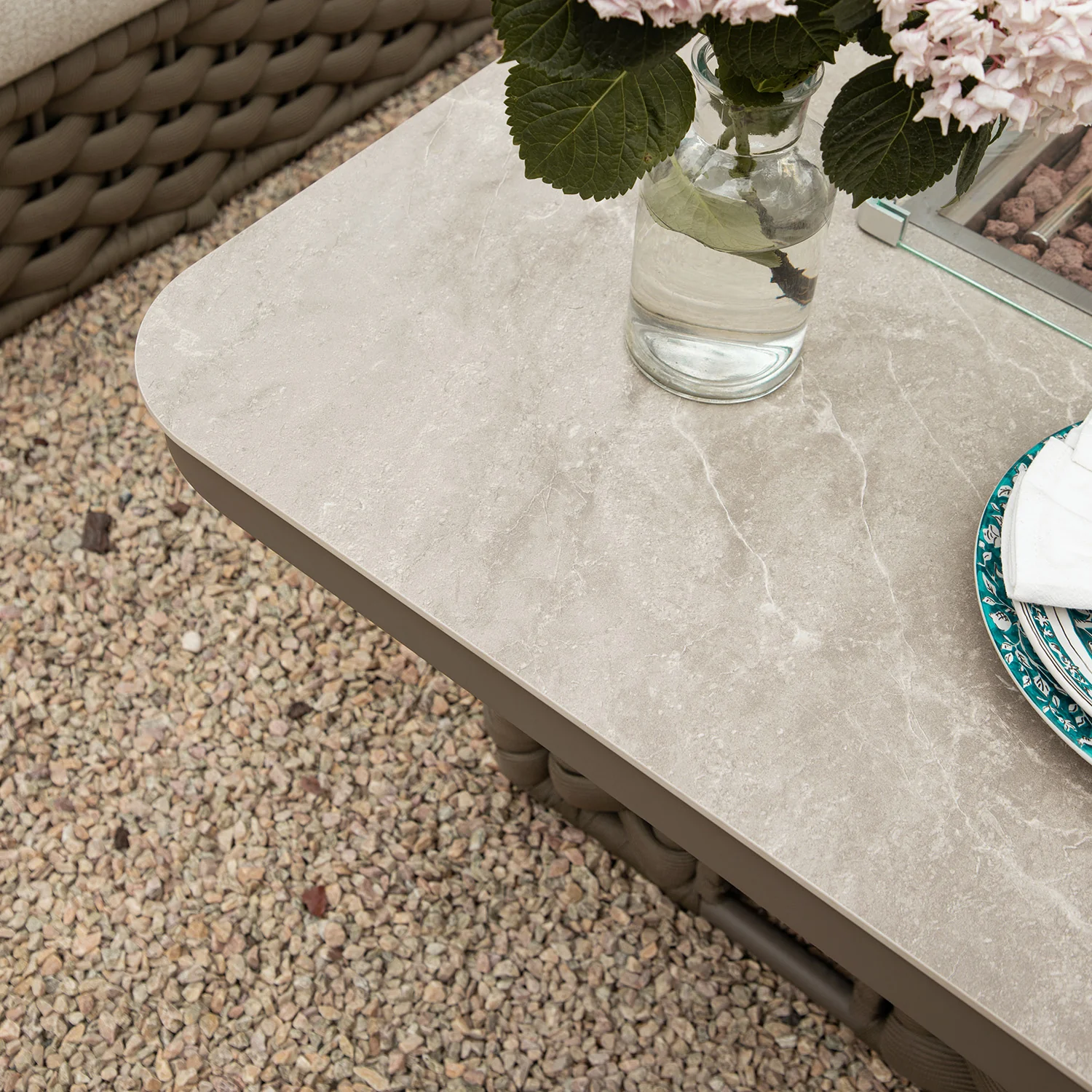 Positano Wide Rope Large Corner Casual Dining Set | Firepit Table, Taupe - Image 13