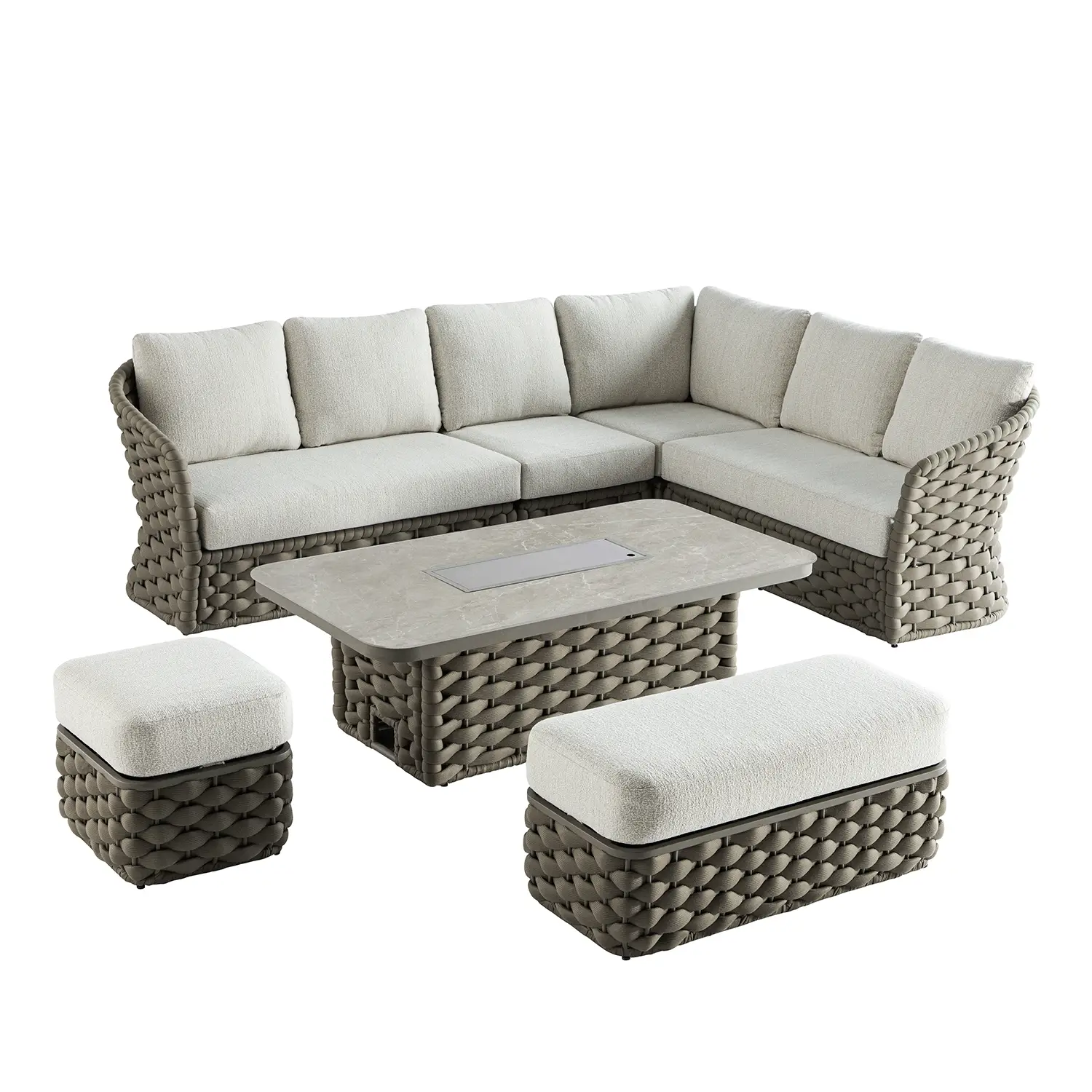 Positano Wide Rope Large Corner Casual Dining Set | Firepit Table, Taupe - Image 15