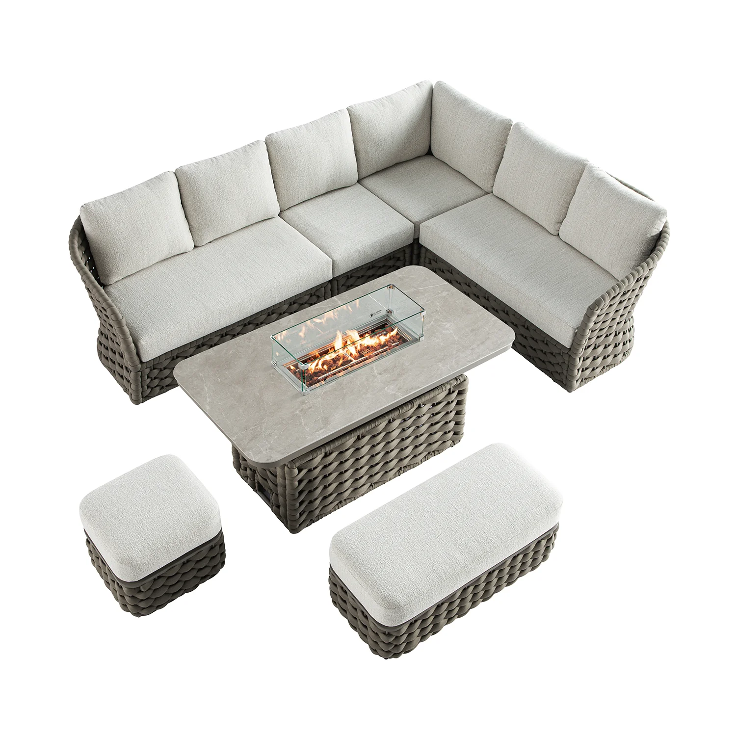 Positano Wide Rope Large Corner Casual Dining Set | Firepit Table, Taupe - Image 17