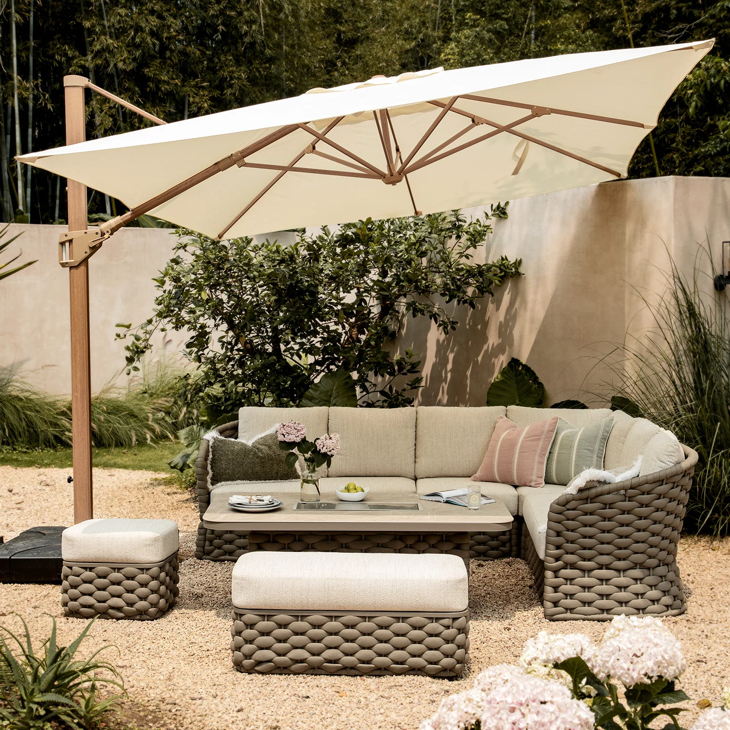 Positano Wide Rope Large Corner Casual Dining Set | Firepit Table, Taupe - Image 4