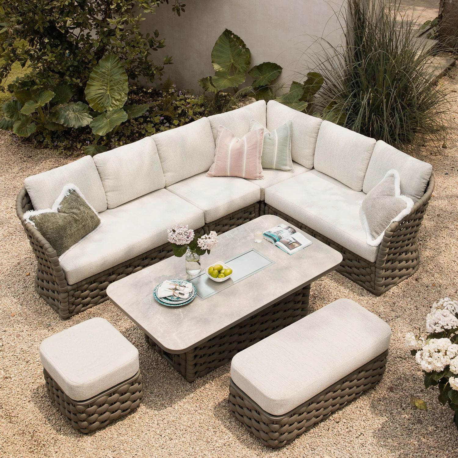 Positano Wide Rope Large Corner Casual Dining Set | Firepit Table, Taupe - Image 7