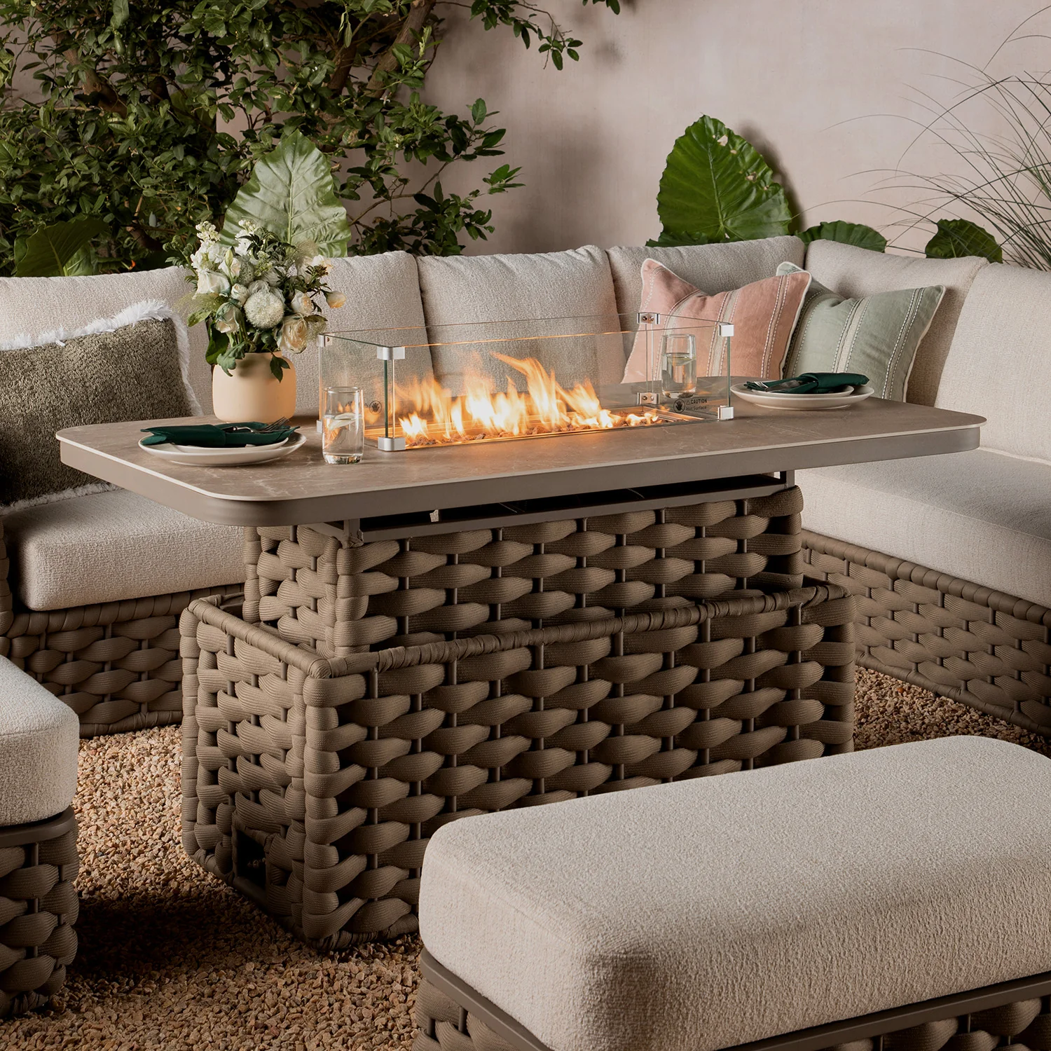 Positano Wide Rope Large Corner Casual Dining Set | Firepit Table, Taupe - Image 8