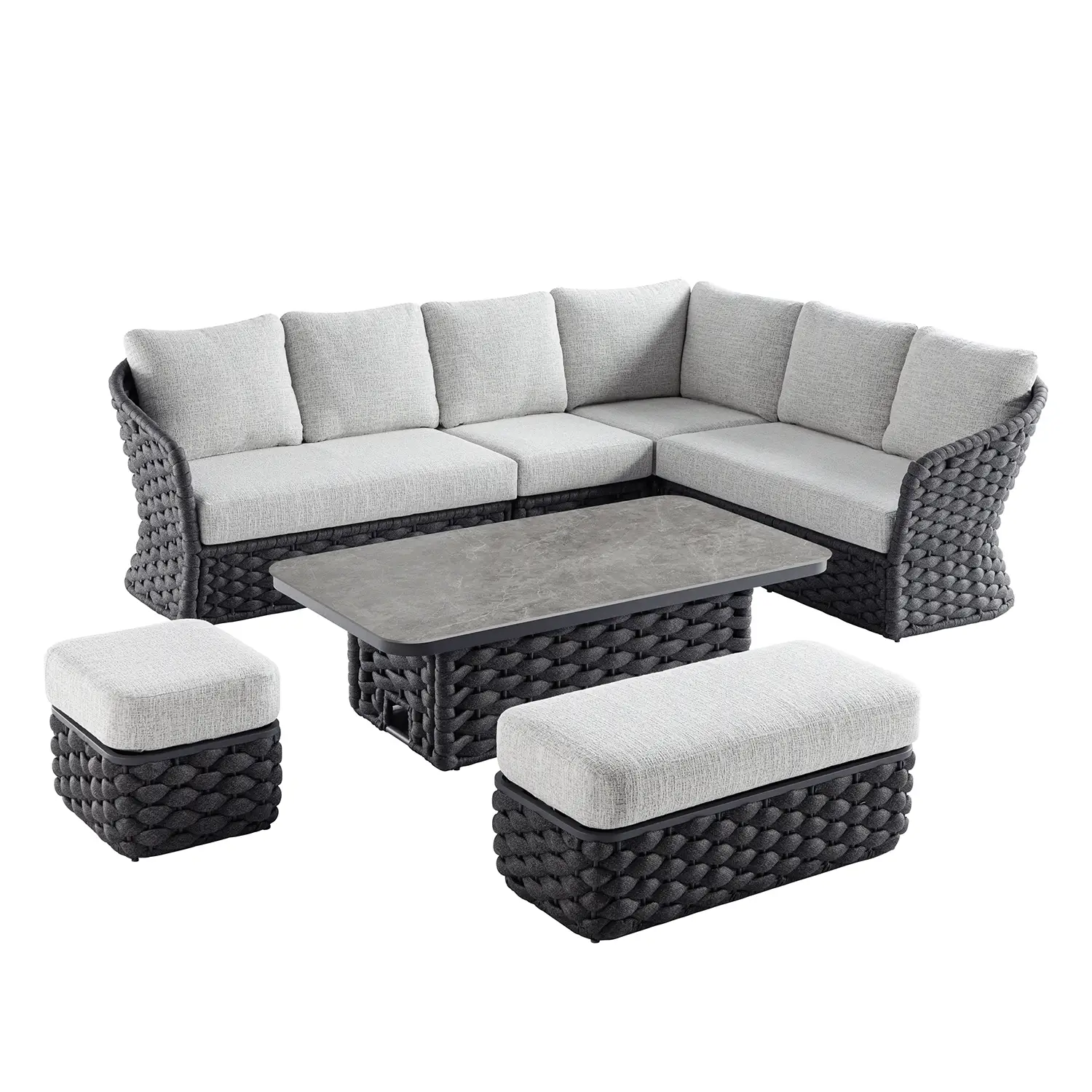 Positano Wide Rope Large Corner Casual Dining Set | Rising Table, Grey - Image 4