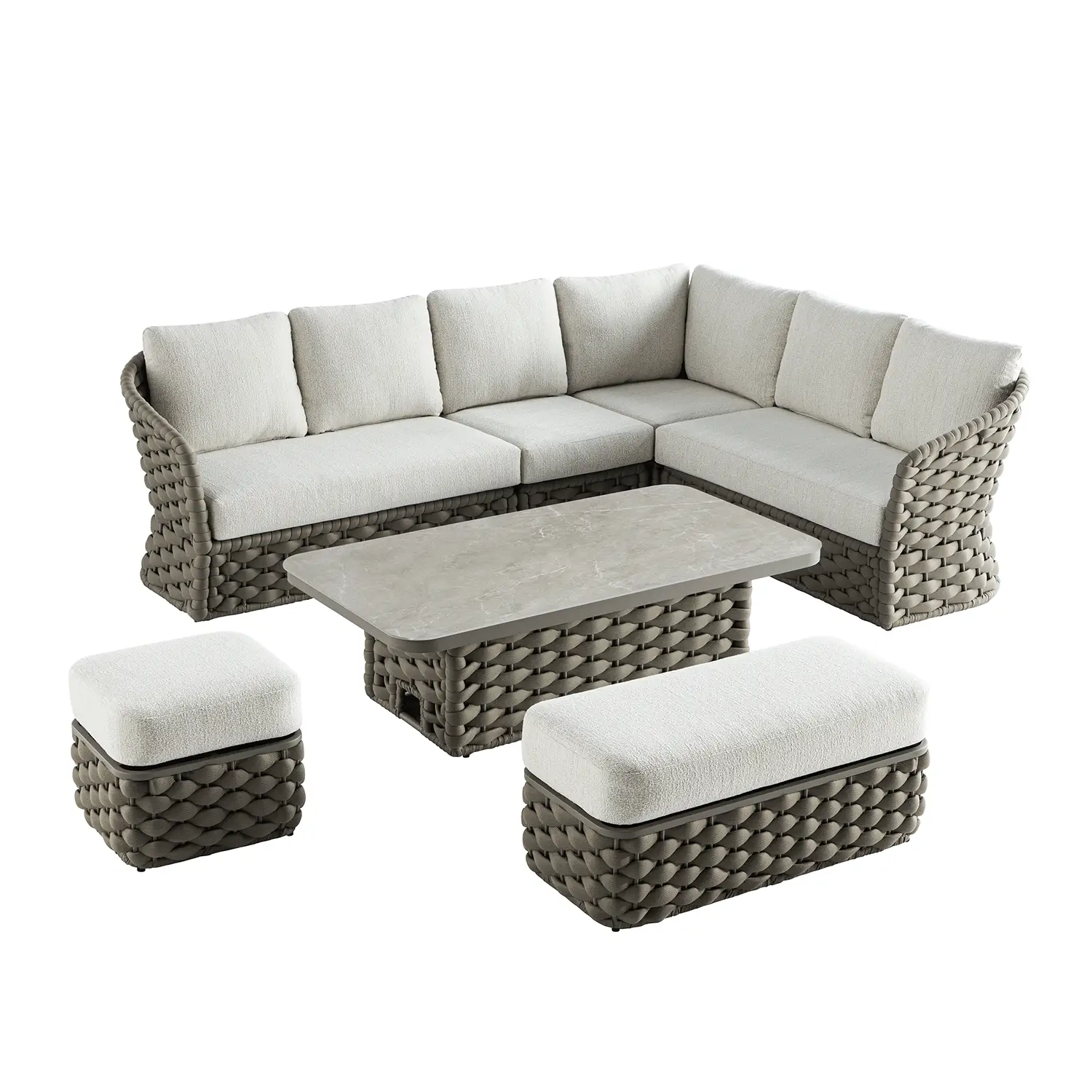 Positano Wide Rope Large Corner Casual Dining Set | Rising Table, Taupe - Image 2