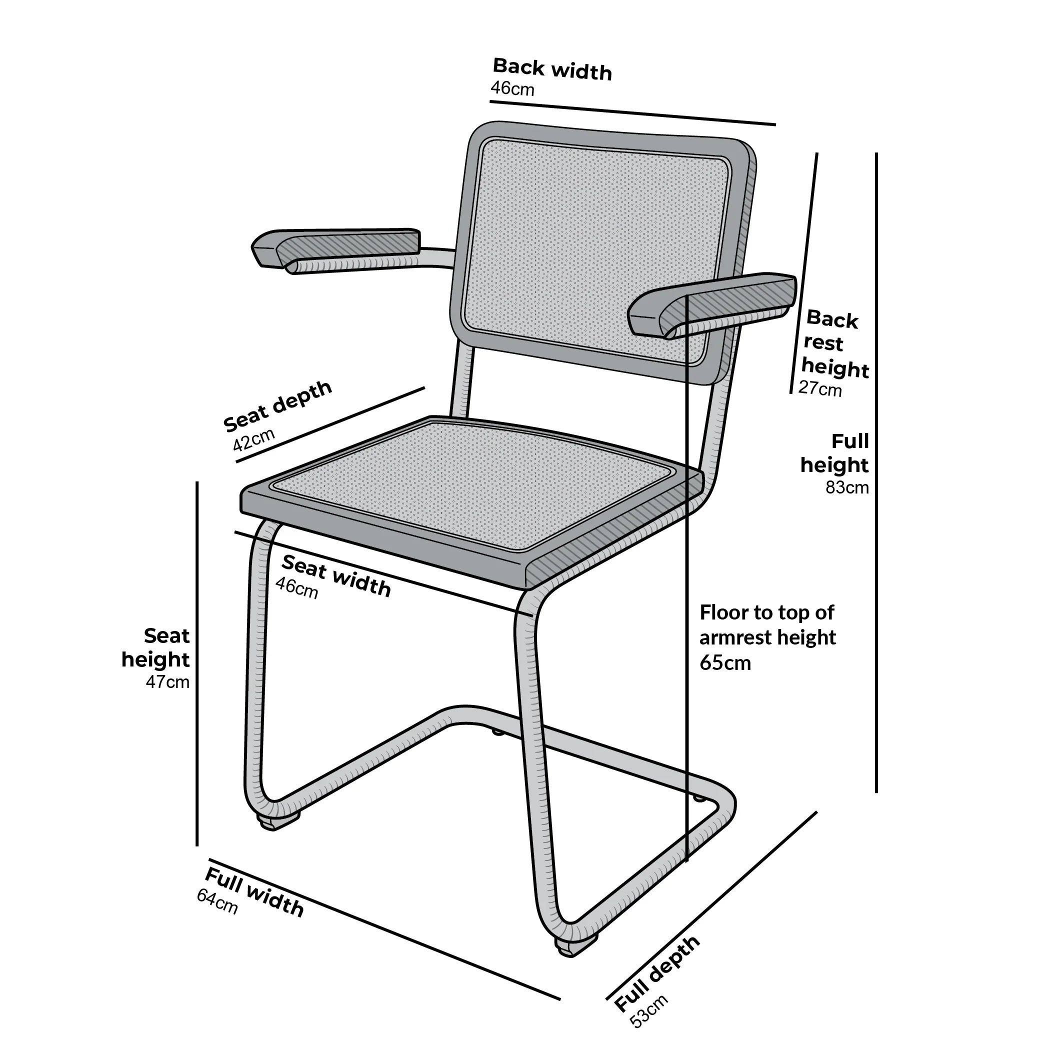 Rayna Pair of 2 Solid Beech Dining Chairs with Armrests, Natural Cane & Chrome (Black) - Image 4