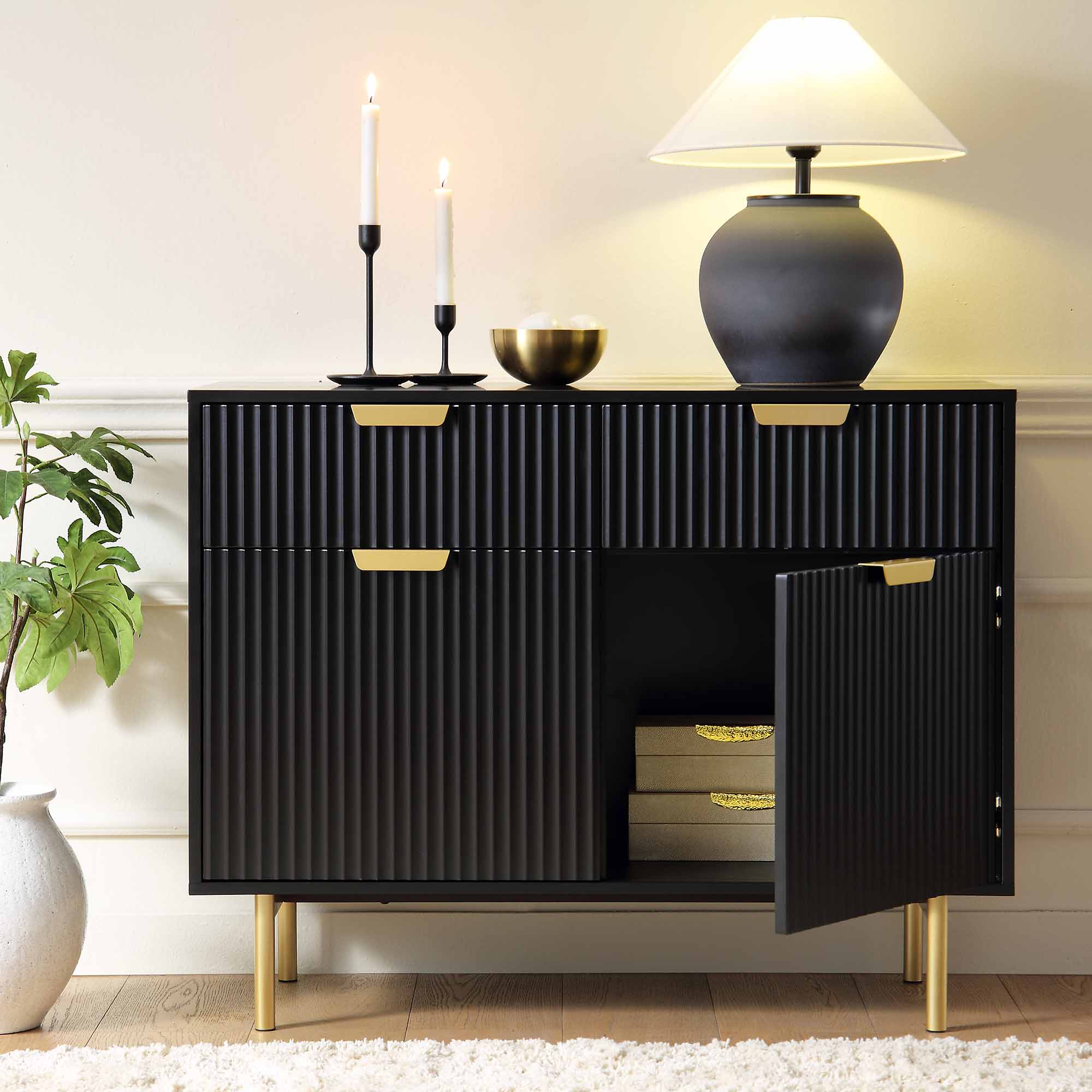 Richmond Ridged 2-Door Cabinet with Drawers, Matte Black - Image 3