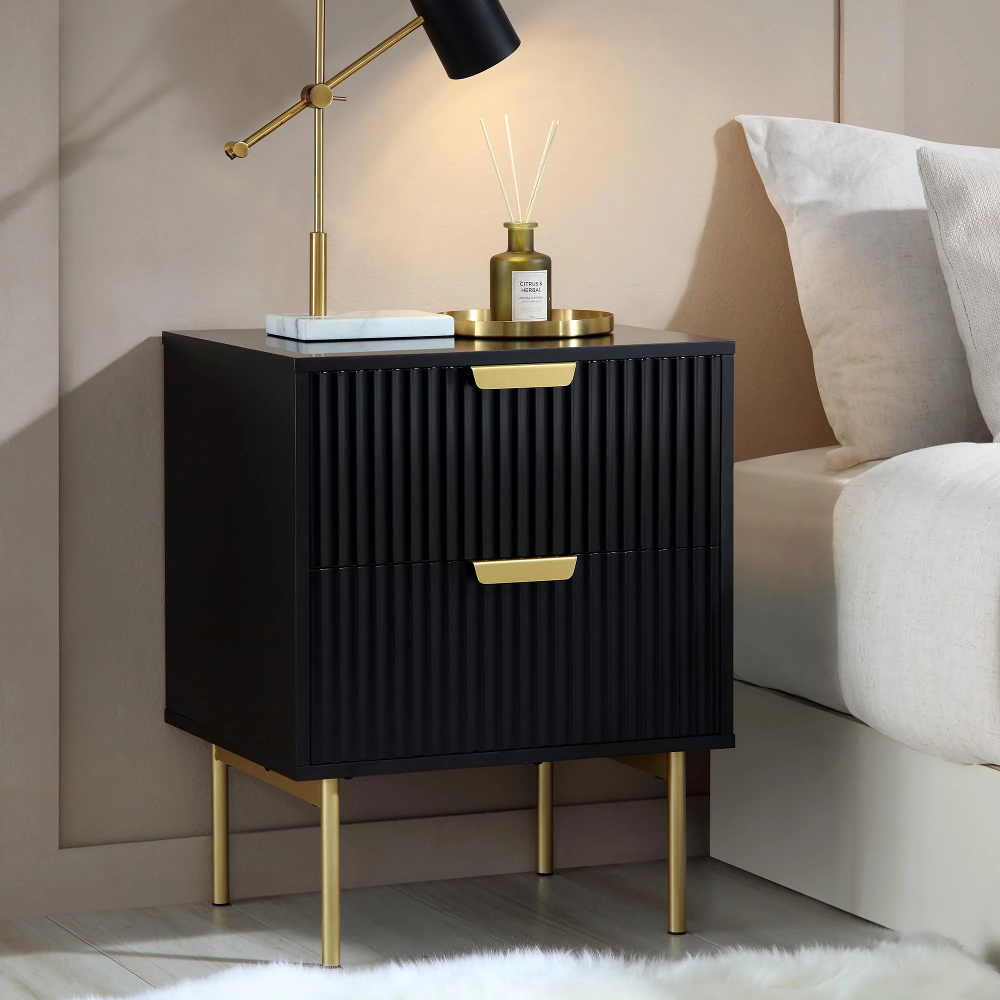 Richmond Ridged 2 Drawer Bedside Table, Matte Black - Image 2