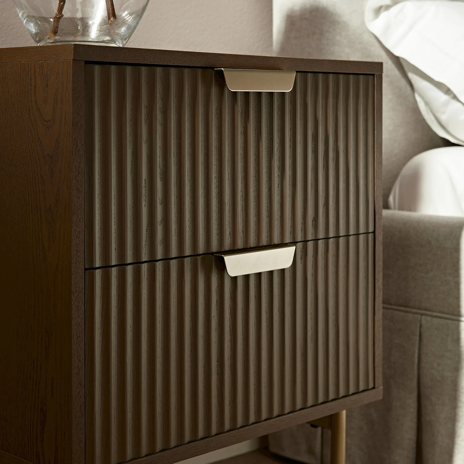 Richmond Ridged 2 Drawer Bedside Table, Dark Ash - Image 3