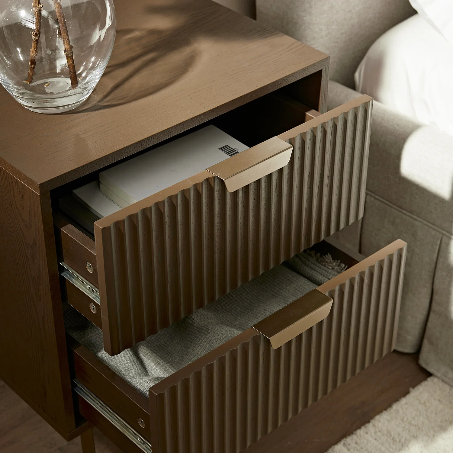 Richmond Ridged 2 Drawer Bedside Table, Dark Ash - Image 4