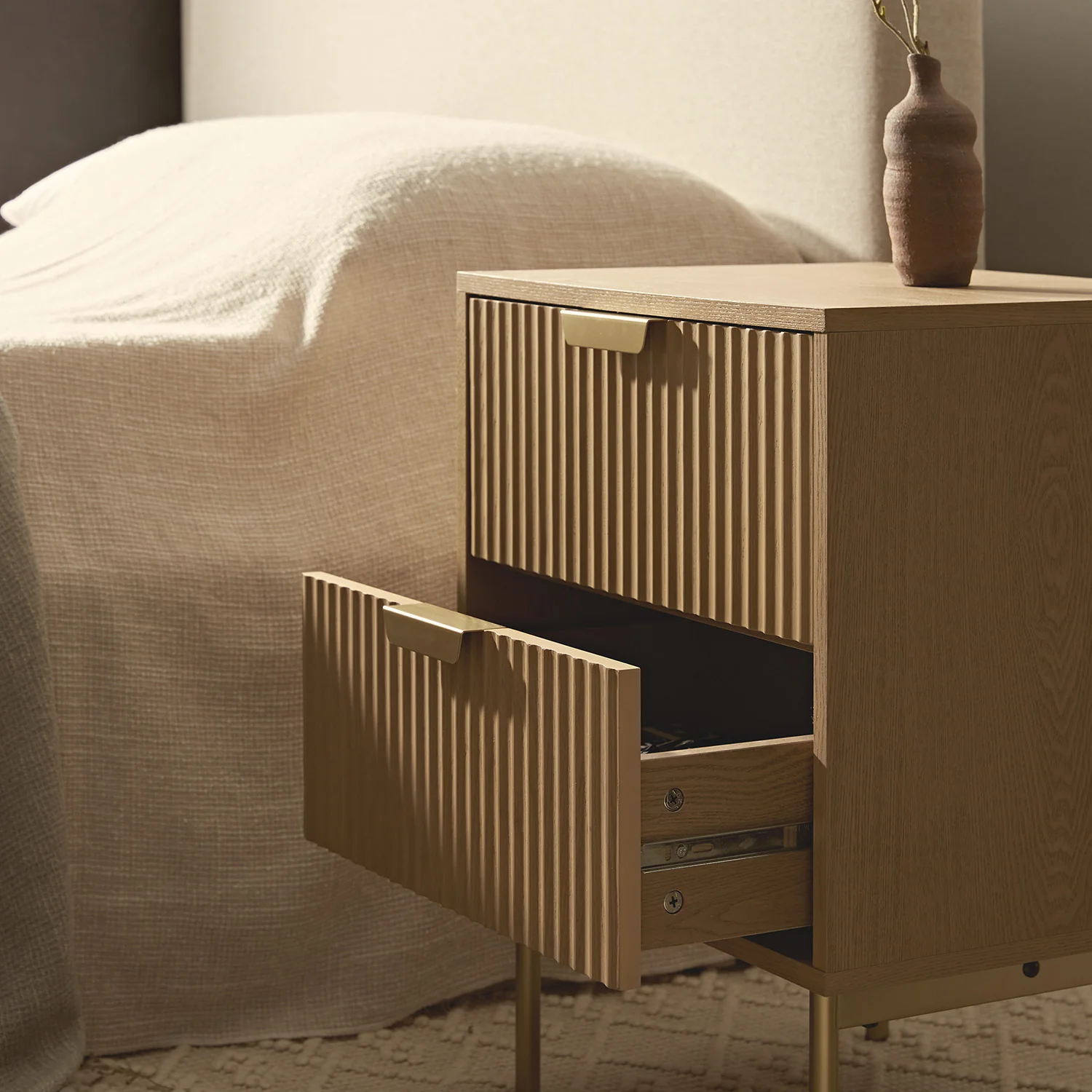 Richmond Ridged 2 Drawer Bedside Table, Light Ash - Image 3