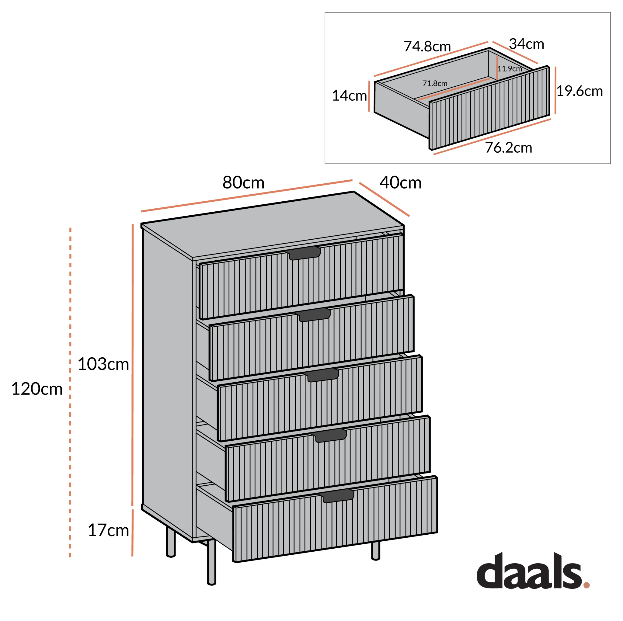 Richmond Ridged Chest of 5 Drawers, Dark Ash - Image 9