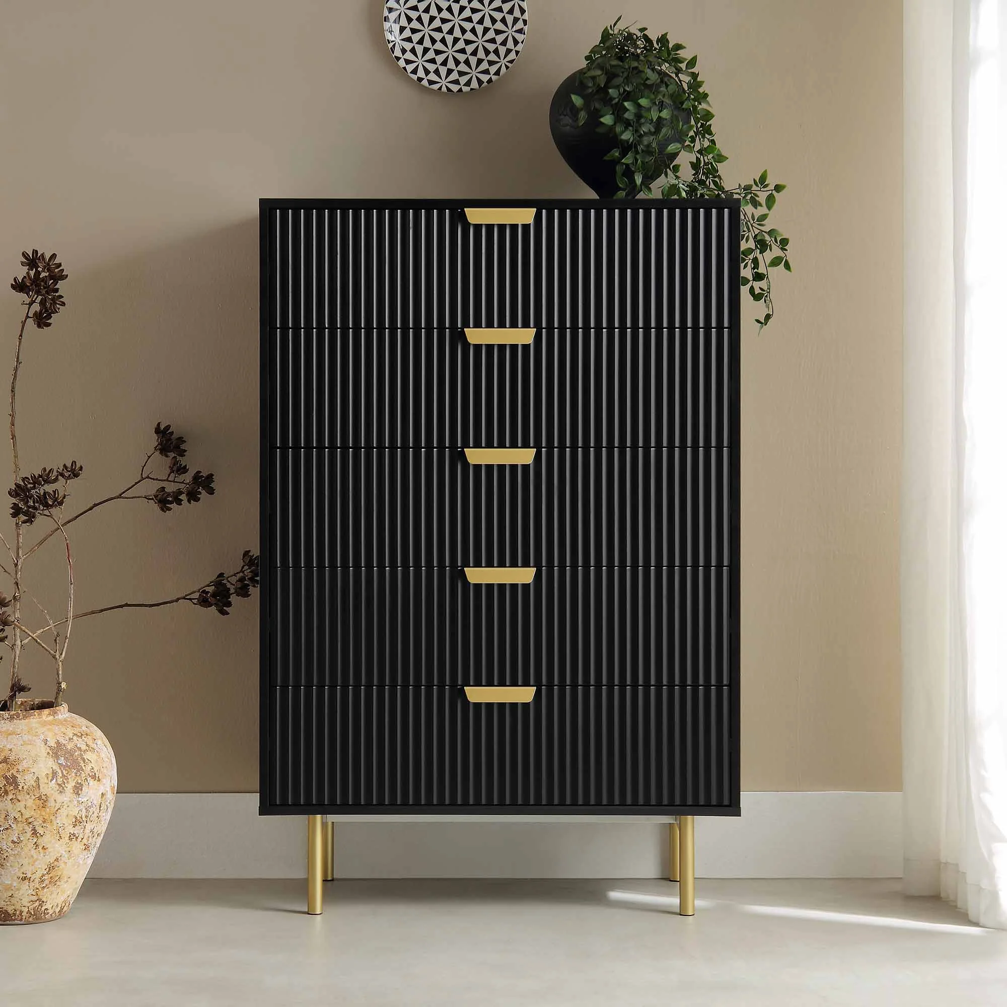 Richmond Ridged Chest of 5 Drawers, Matte Black - Image 2