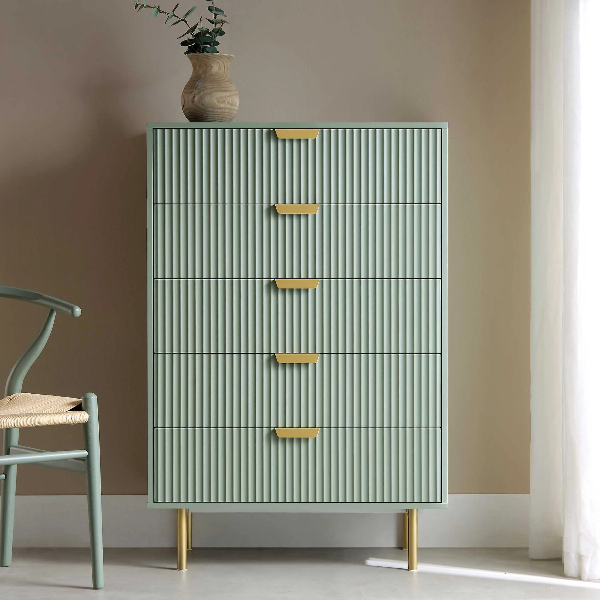 Richmond Ridged Chest of 5 Drawers, Matte Sage Green - Image 2