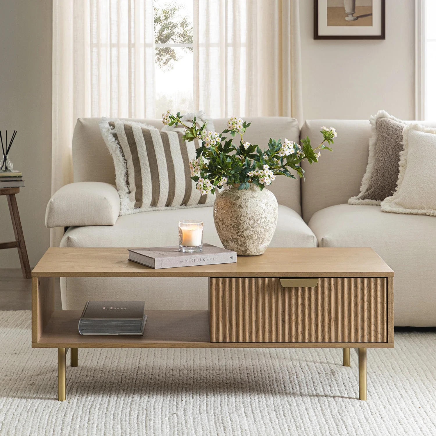 Richmond Ridged Coffee Table with Drawer, Light Ash - Image 3