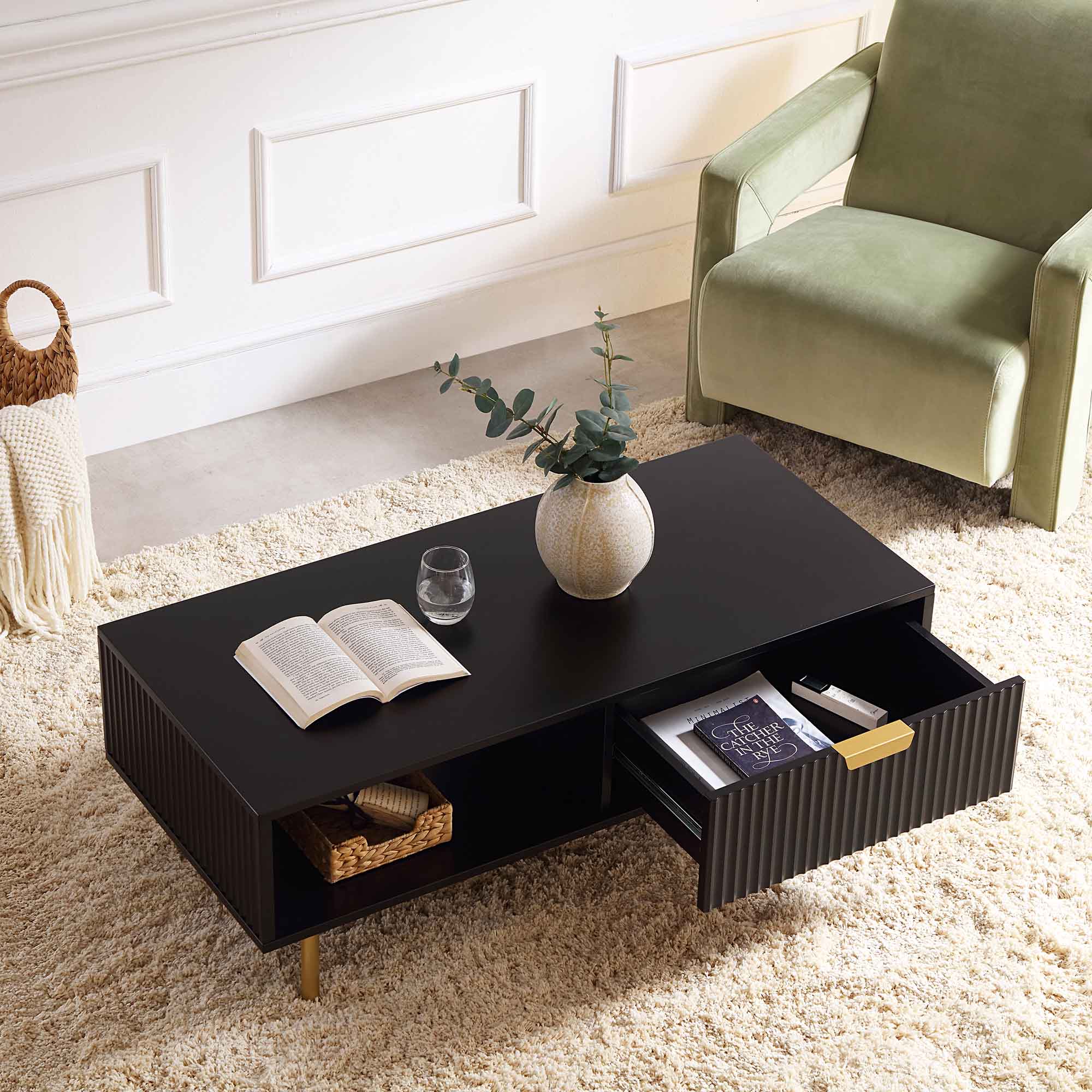 Richmond Ridged Coffee Table with Drawer, Matte Black - Image 4