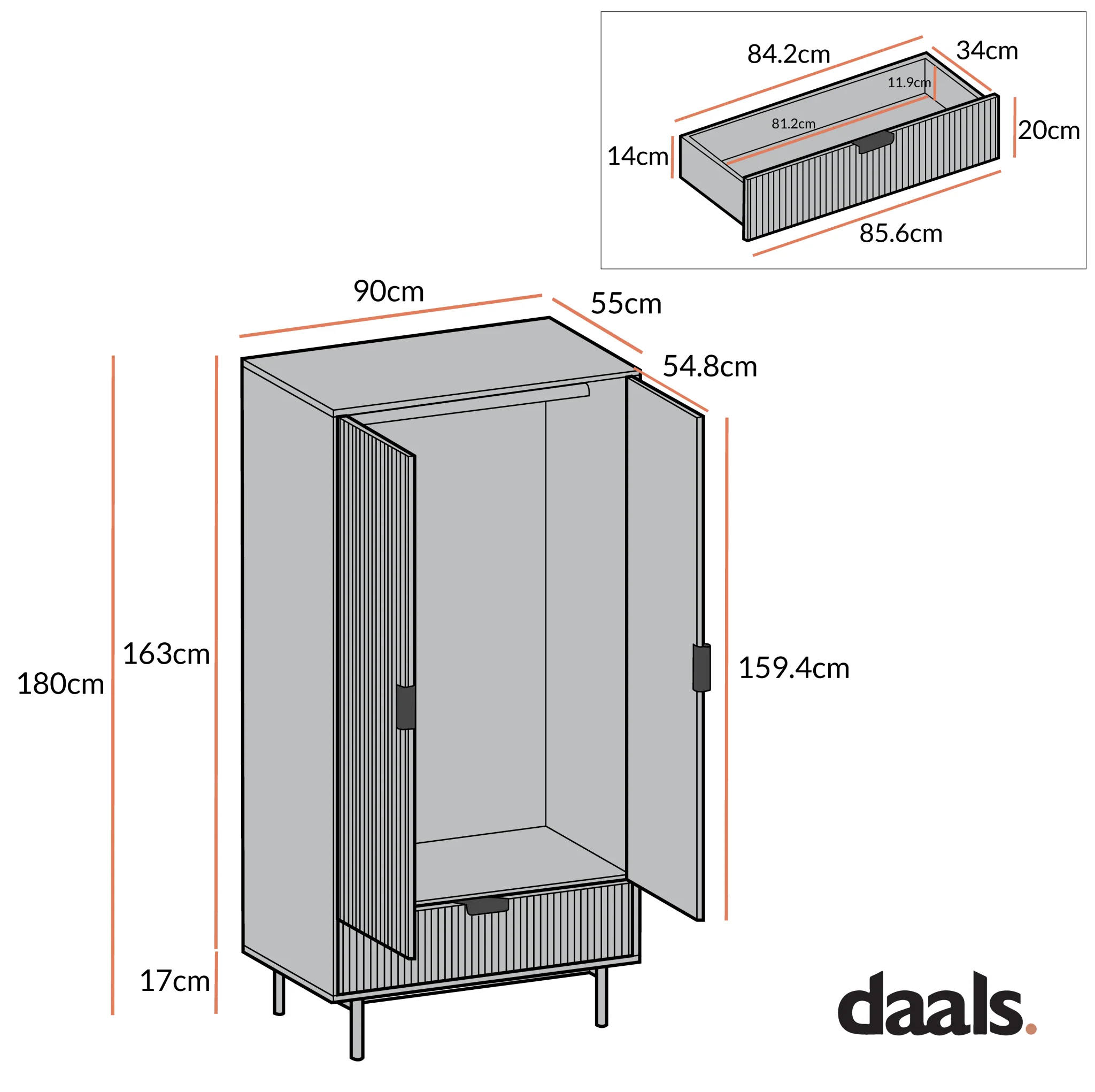 Richmond Ridged Double Wardrobe with Drawer, Light Ash - Image 9
