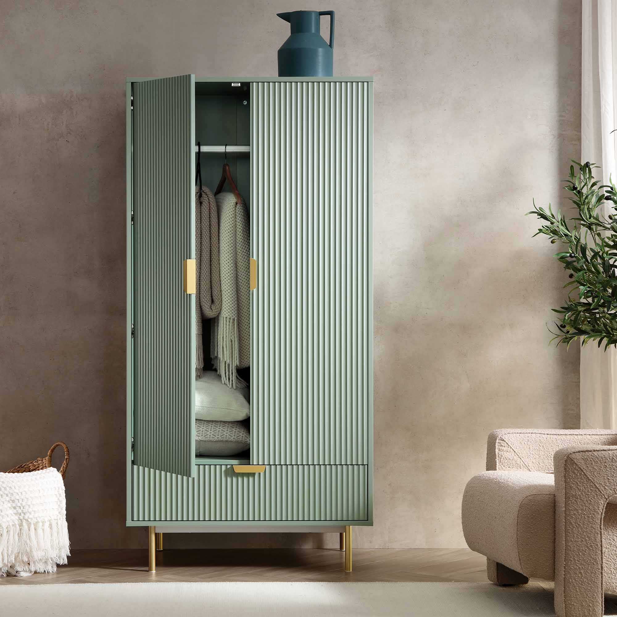 Richmond Ridged Double Wardrobe with Drawer, Matte Sage Green - Image 3