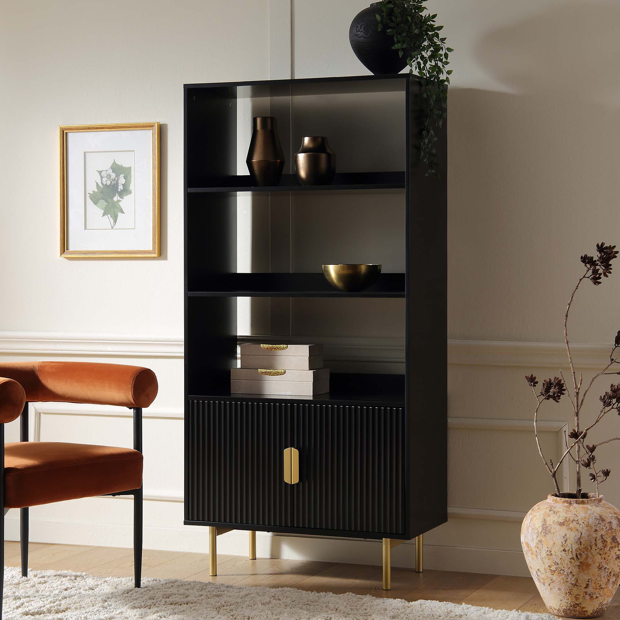 Richmond Ridged Tall Bookcase with Doors, Matte Black - Image 2
