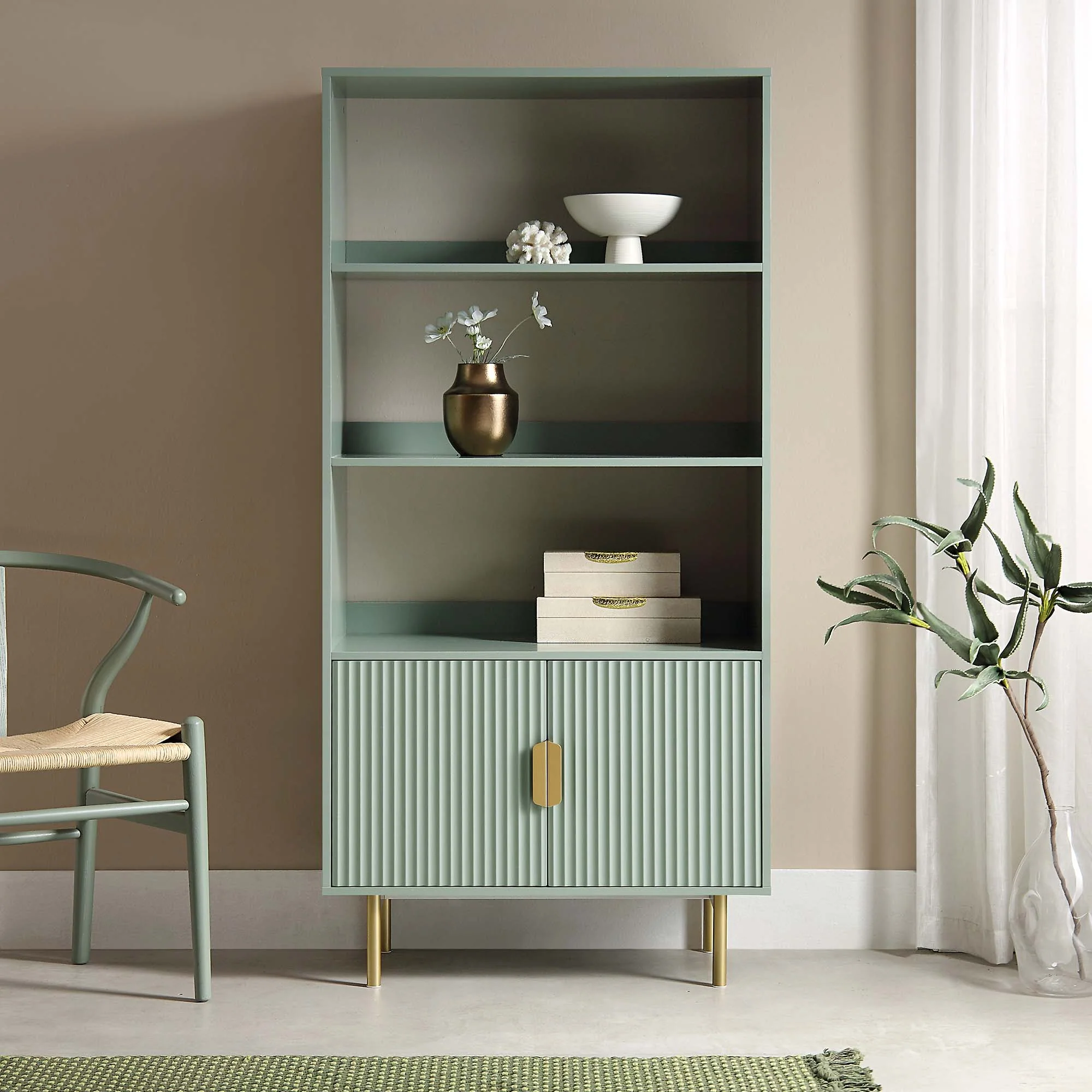 Richmond Ridged Tall Bookcase with Doors, Matte Sage Green - Image 2