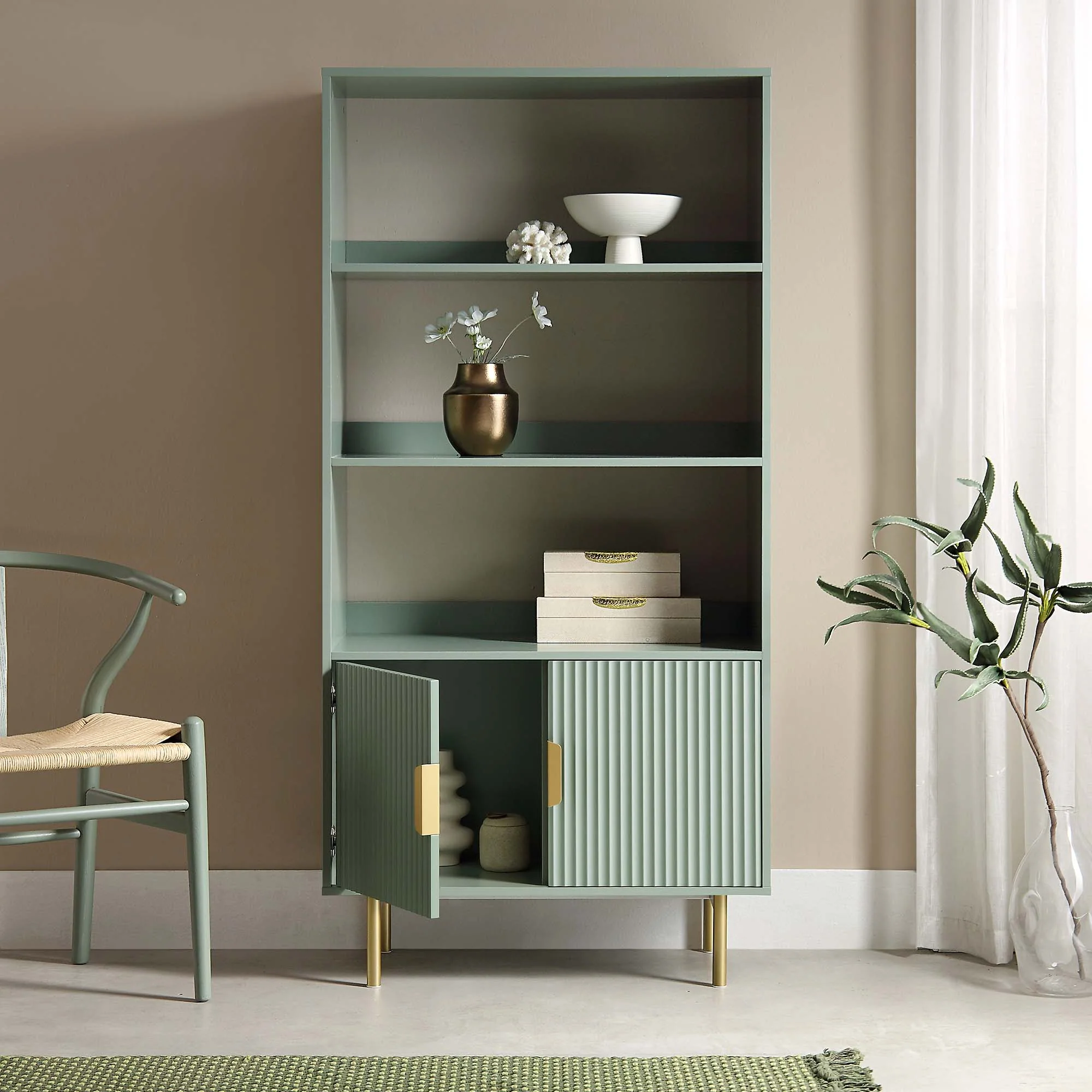 Richmond Ridged Tall Bookcase with Doors, Matte Sage Green - Image 3