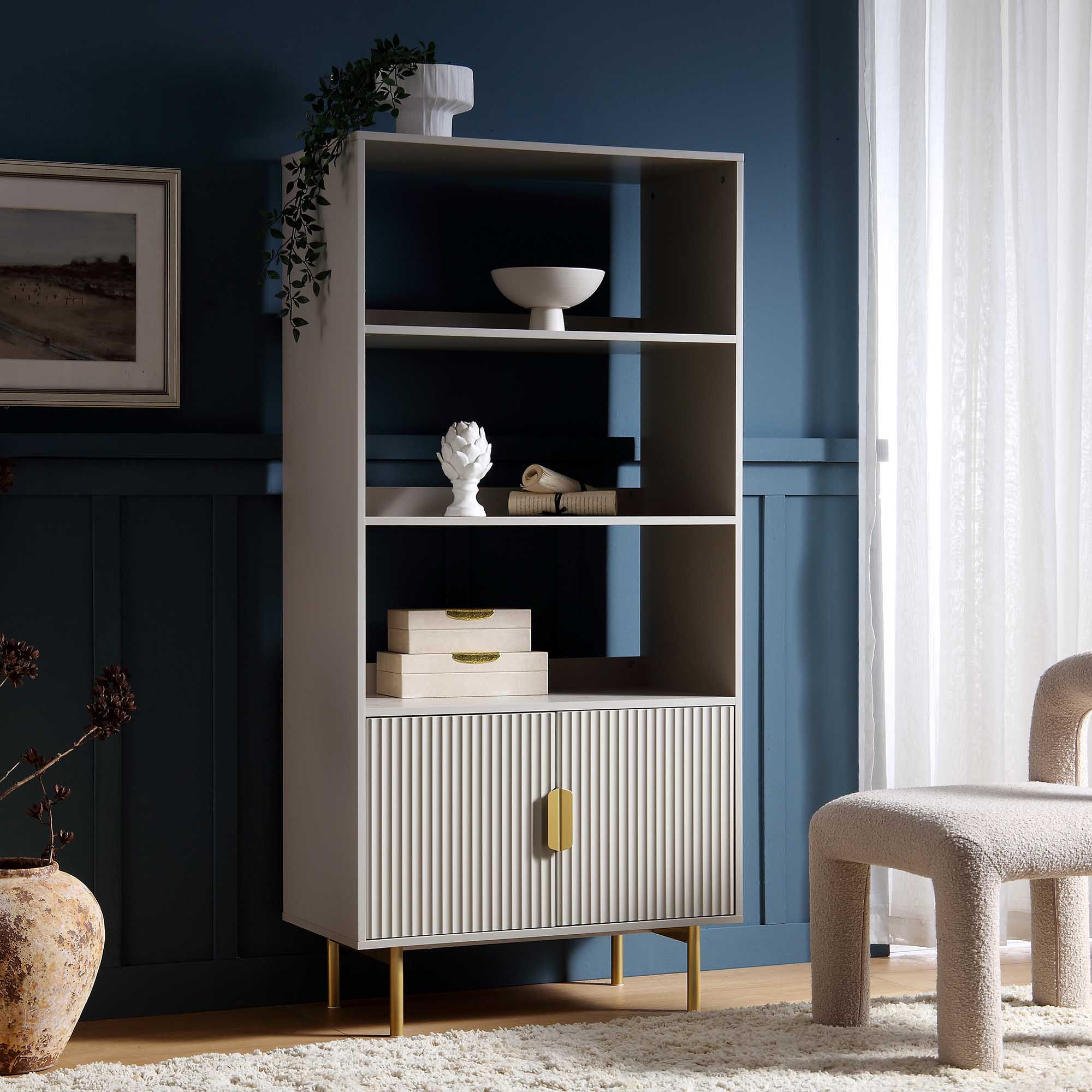 Richmond Ridged Tall Bookcase with Doors, Matte Taupe - Image 2
