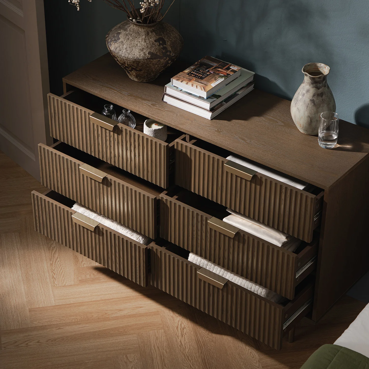Richmond Ridged Wide Chest of 6 Drawers, Dark Ash - Image 3