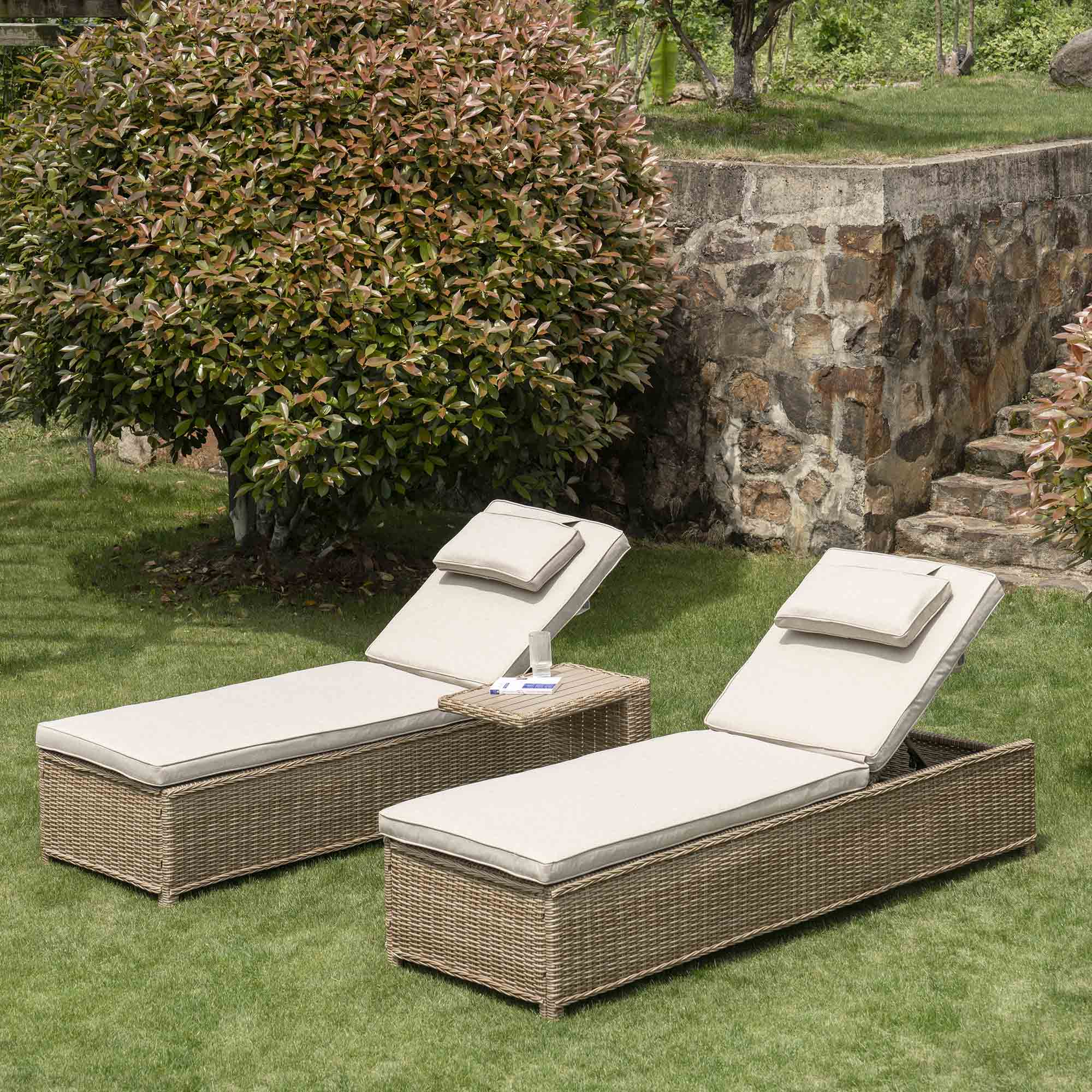Hampshire Round Wicker Rattan Sun Lounger Set with Side Table, Natural - Image 2