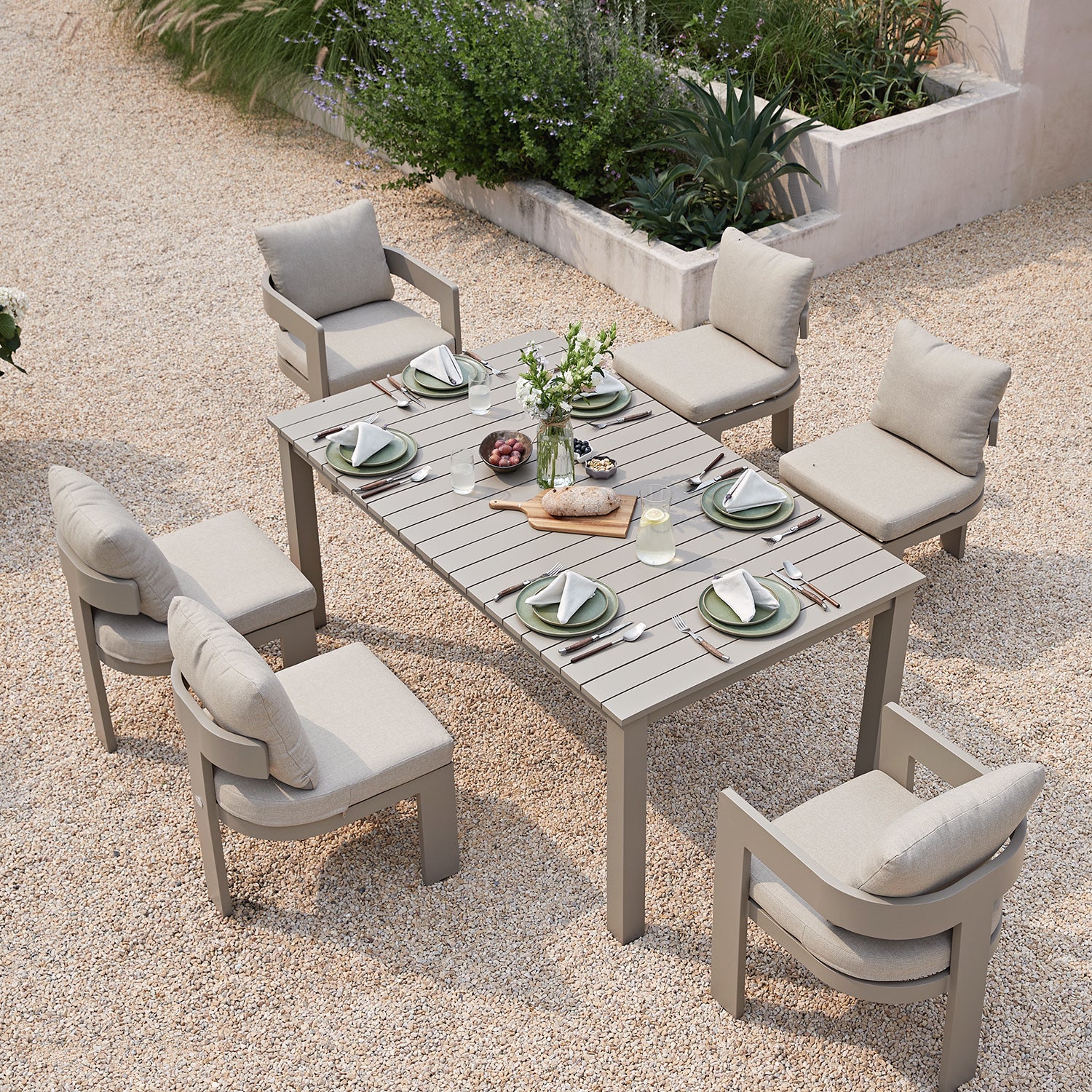 Stanford Outdoor 6-Seater Rectangular Dining Set, Taupe with Light Taupe Fabric - Image 2