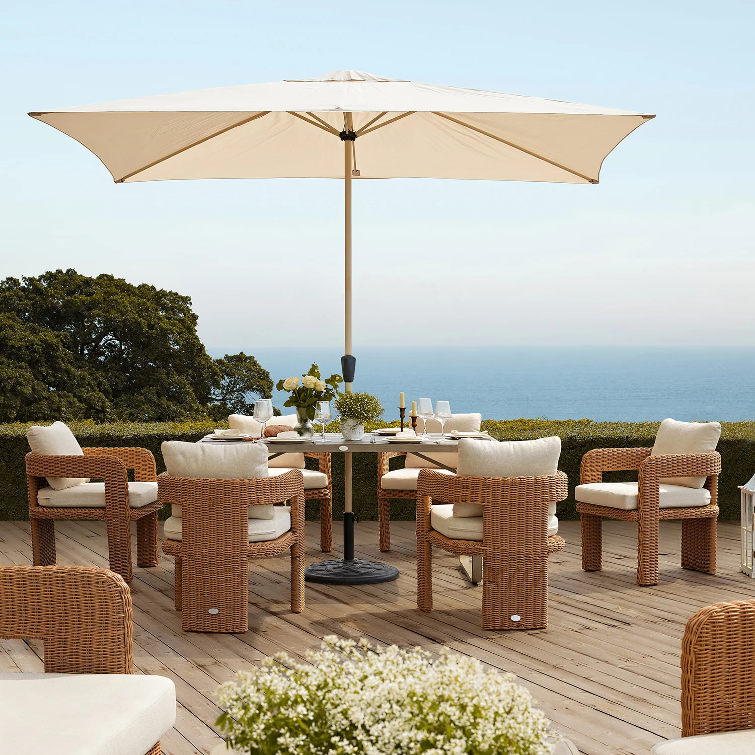 Stanford Round Wicker Outdoor 6-Seater Rectangular Dining Set, Natural - Image 2