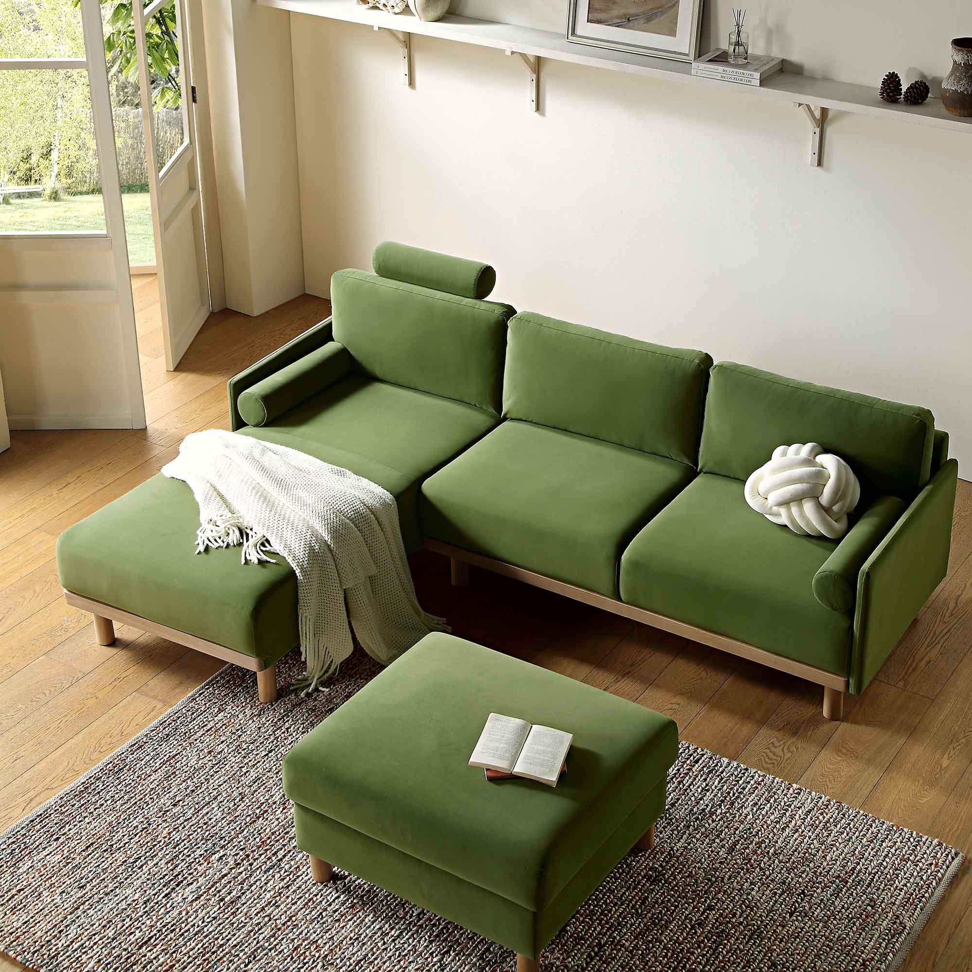 Timber Fern Green Velvet Sofa, Large 3-Seater Chaise Sofa Left Hand Facing - Image 3